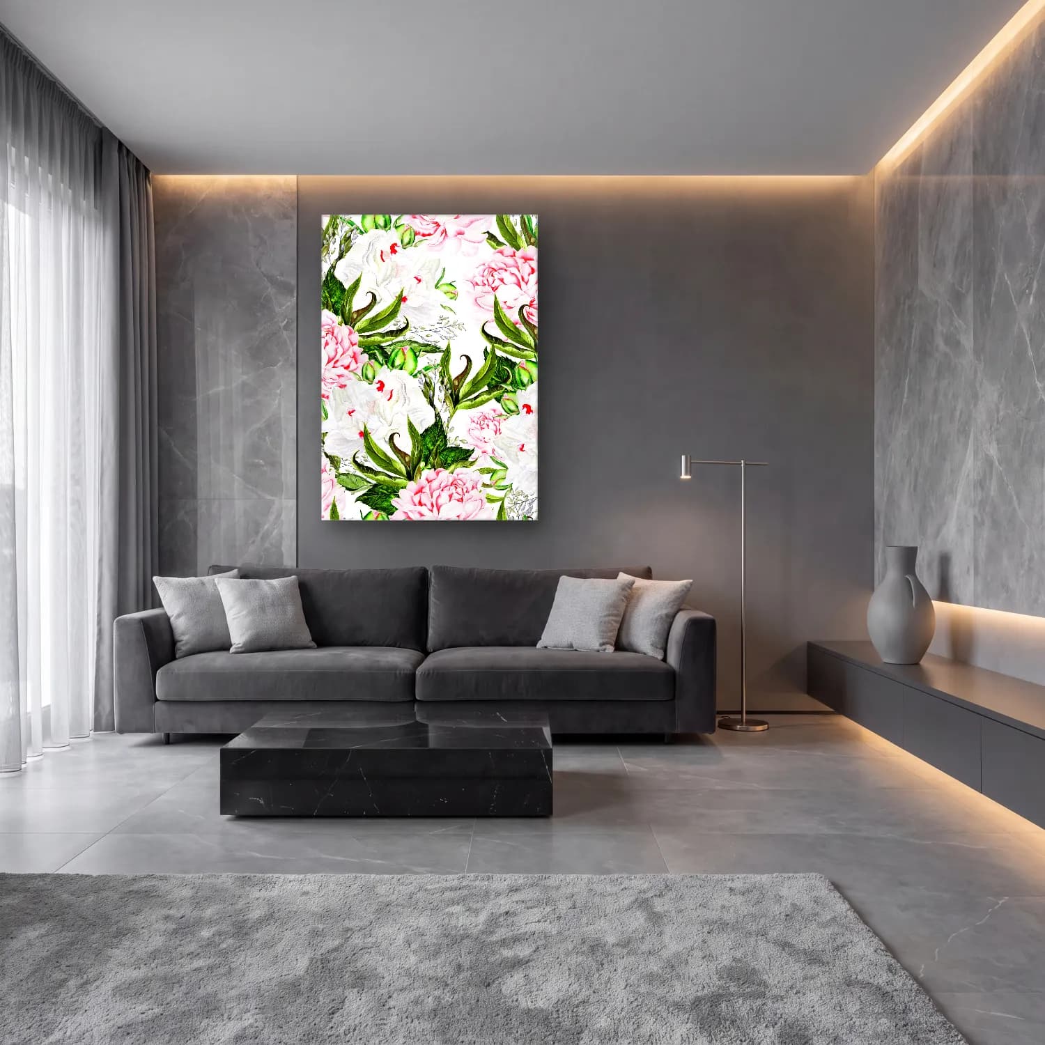 Botanik İllüstrasyon Pembe Şakayıklar No. 5 cam tablo — lüks salon duvarında