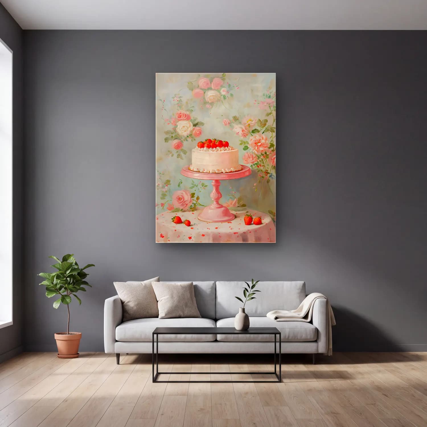 Pastel Çilekler No. 3 cam tablo — gri duvarlı salonda