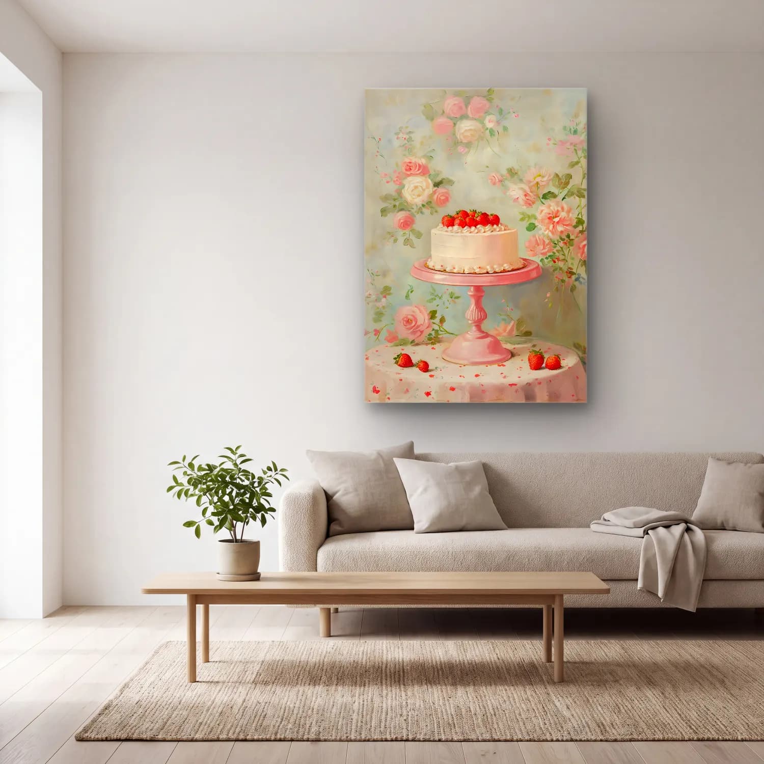 Pastel Çilekler No. 3 cam tablo — açık renk salonda