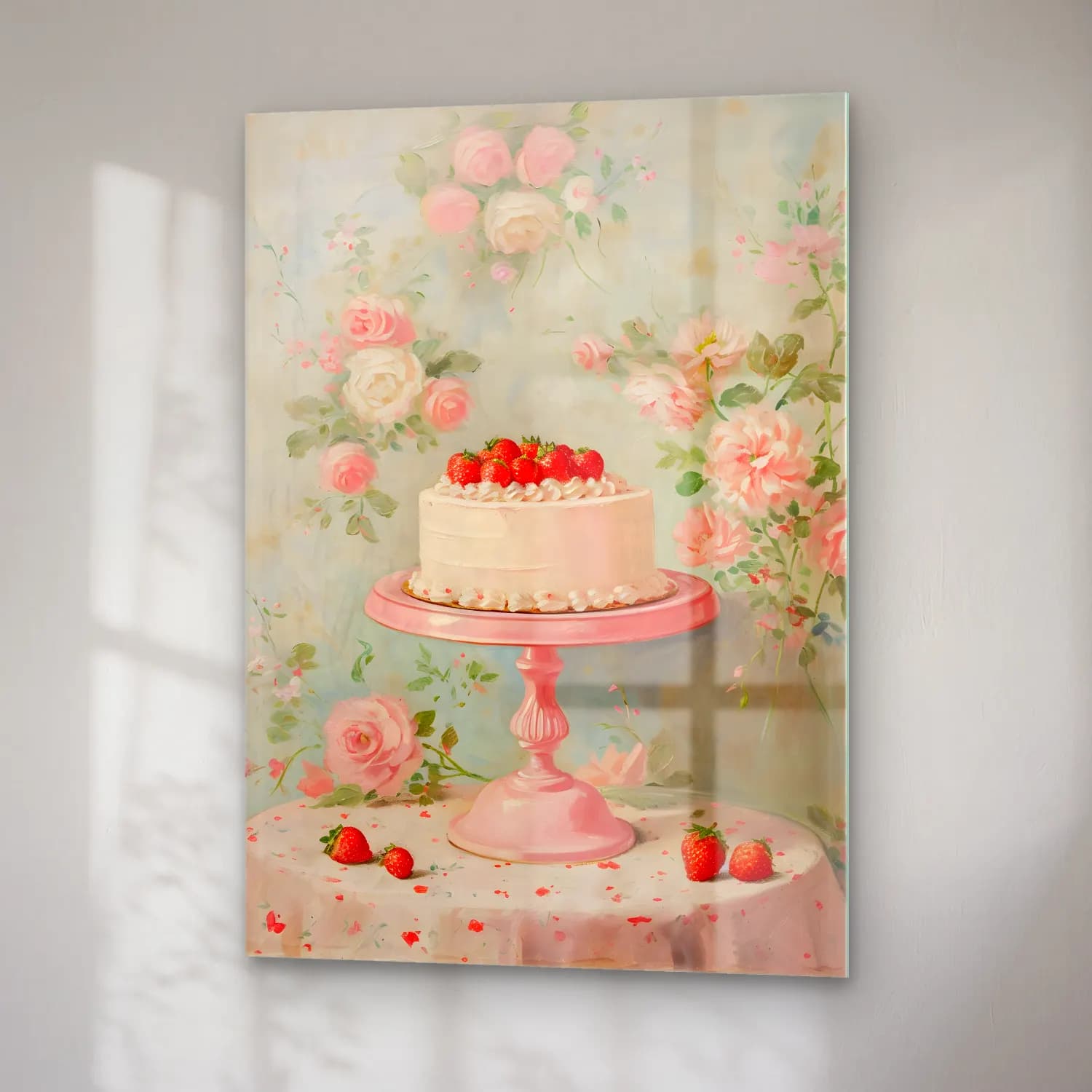 Pastel Çilekler No. 3 cam tablo — sağ açıdan görünüm