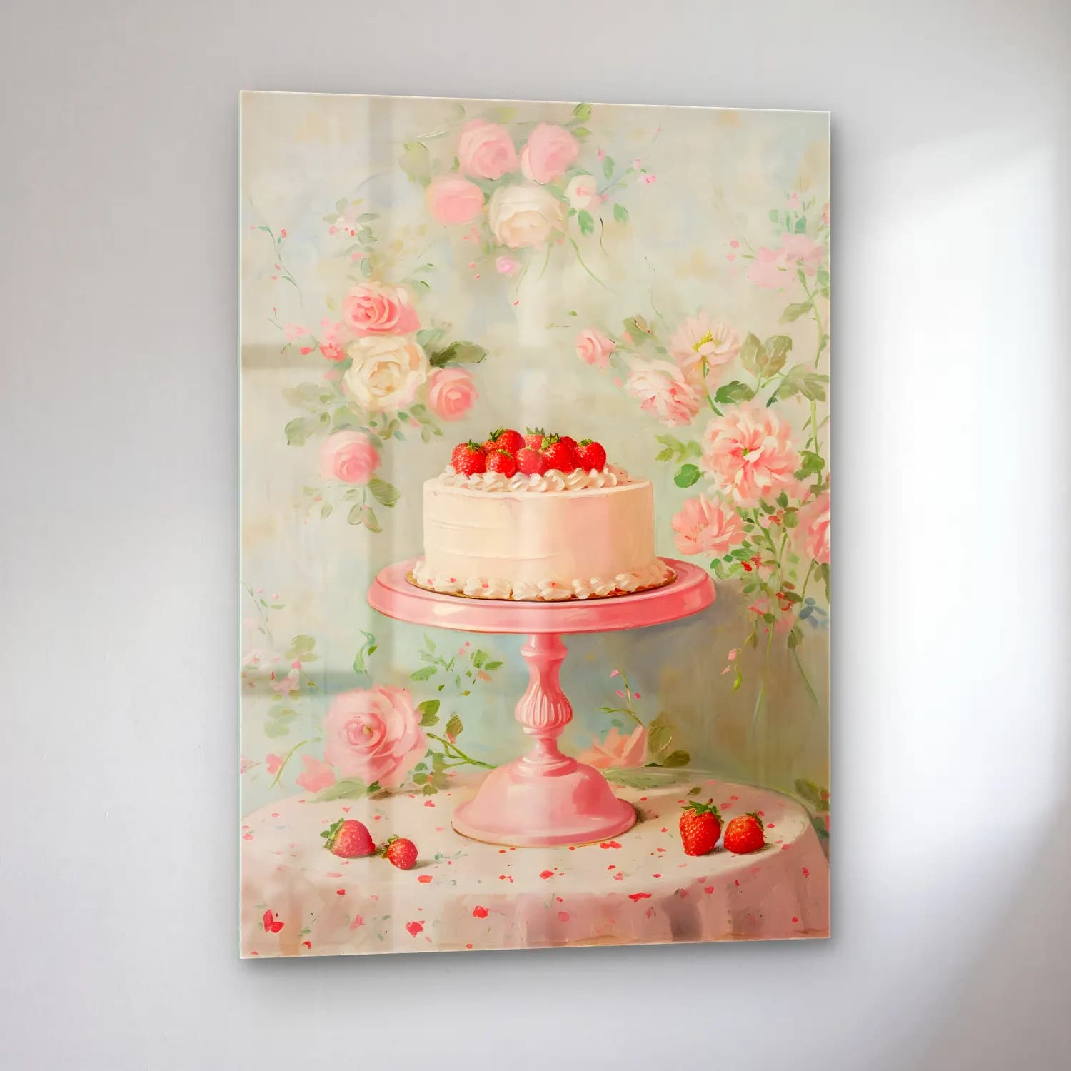 Pastel Çilekler No. 3 cam tablo — sol açıdan görünüm