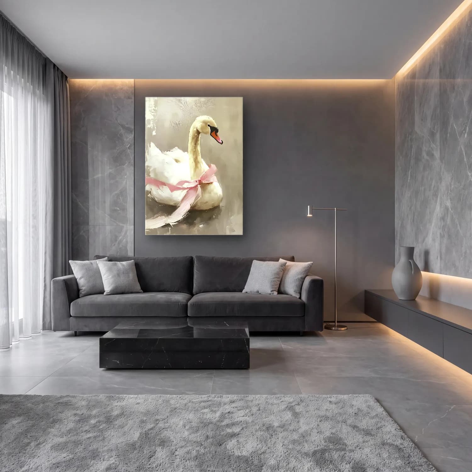 Yağlı Boya Kuğu – Pembe Tonlar cam tablo — lüks salon duvarında