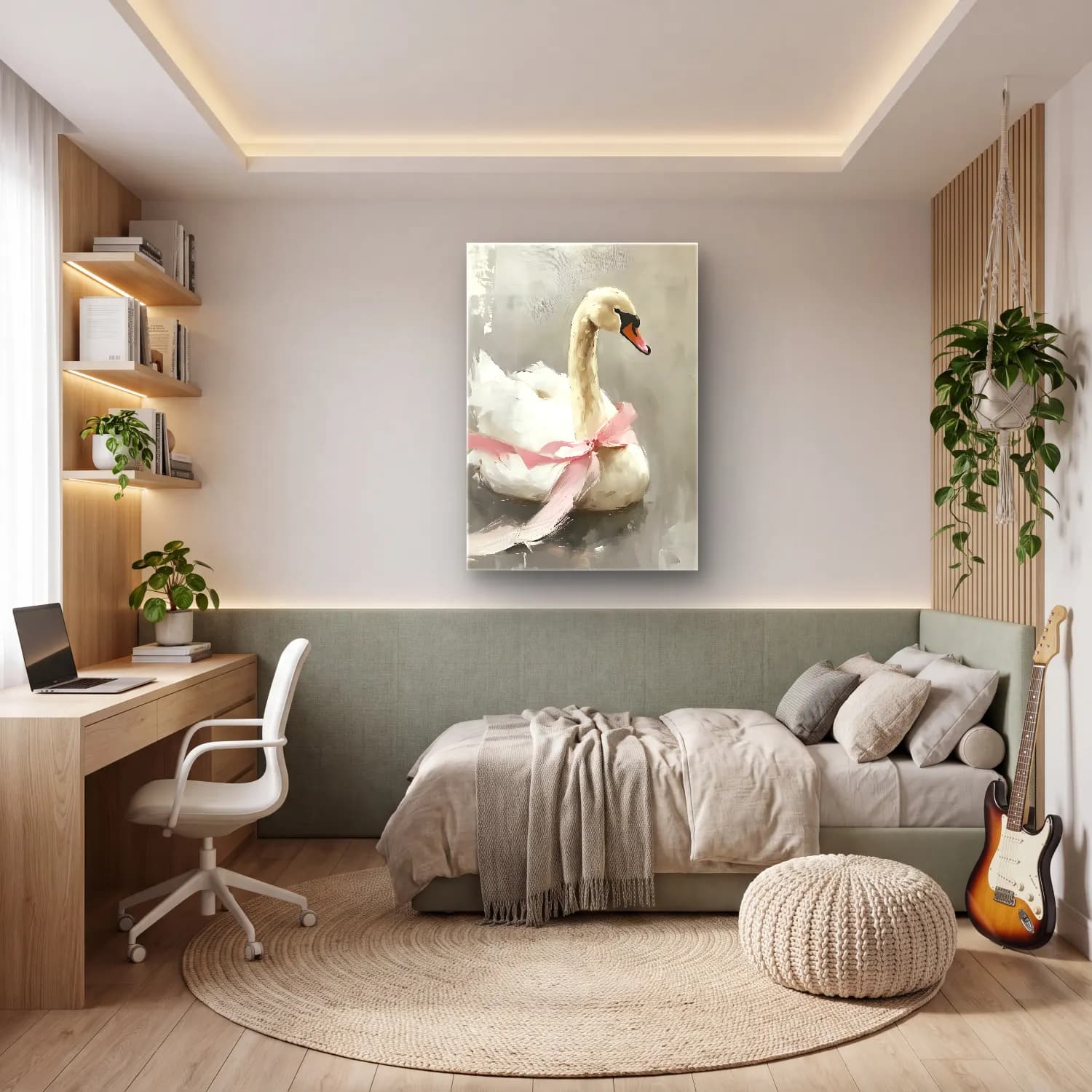 Yağlı Boya Kuğu – Pembe Tonlar cam tablo — genç odasında