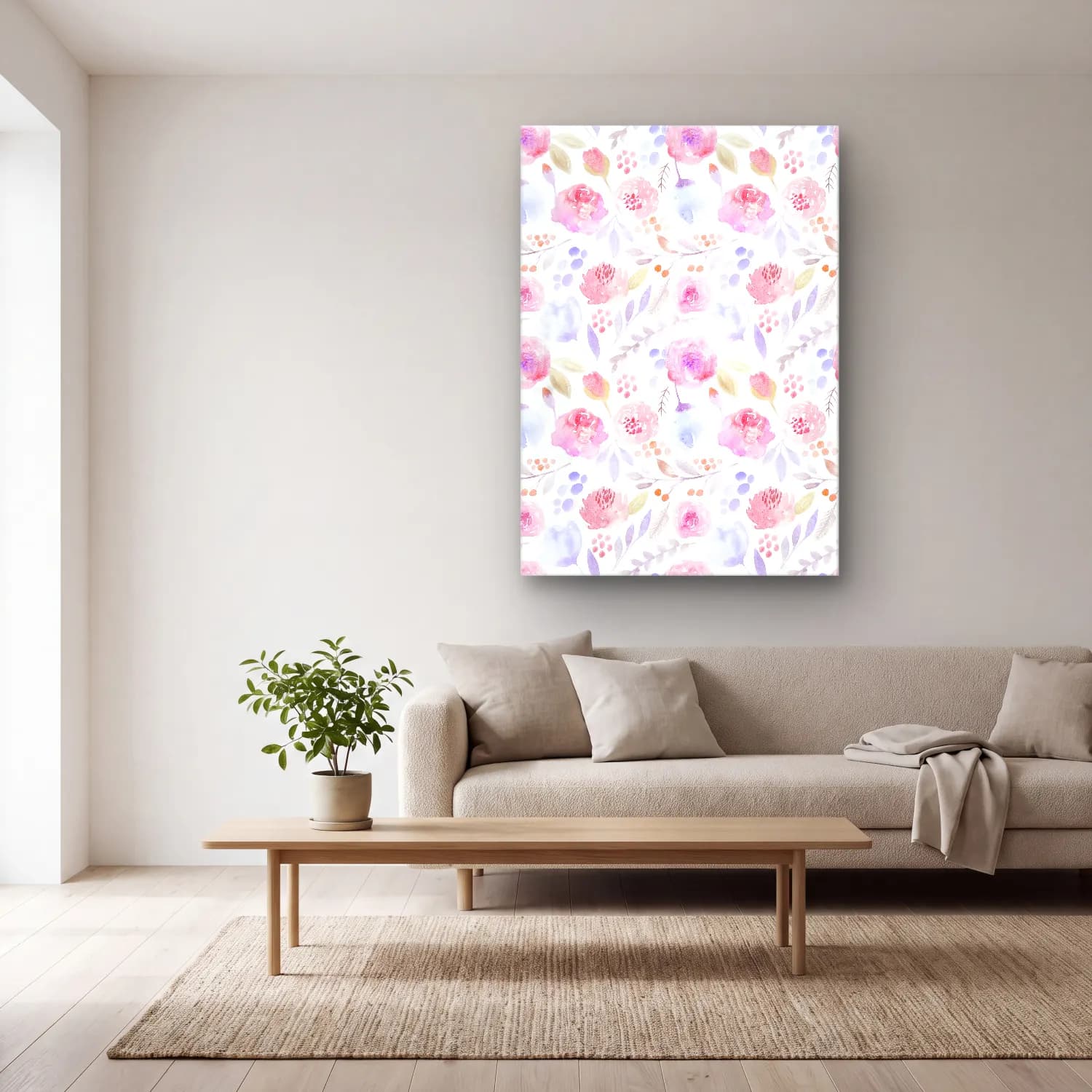 Pastel Çiçek Deseni No. 42 cam tablo — açık renk salonda