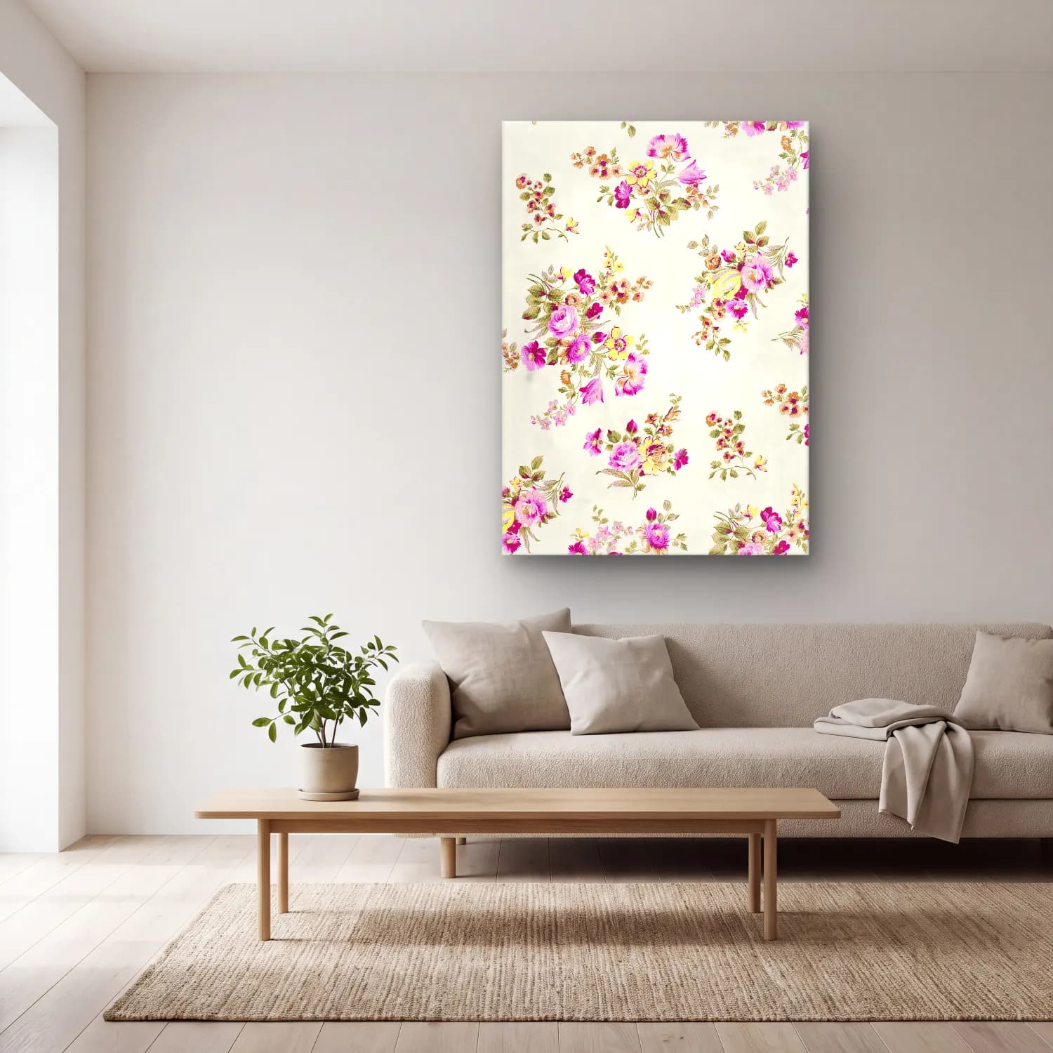 Pastel Çiçek Deseni No. 43 cam tablo — açık renk salonda