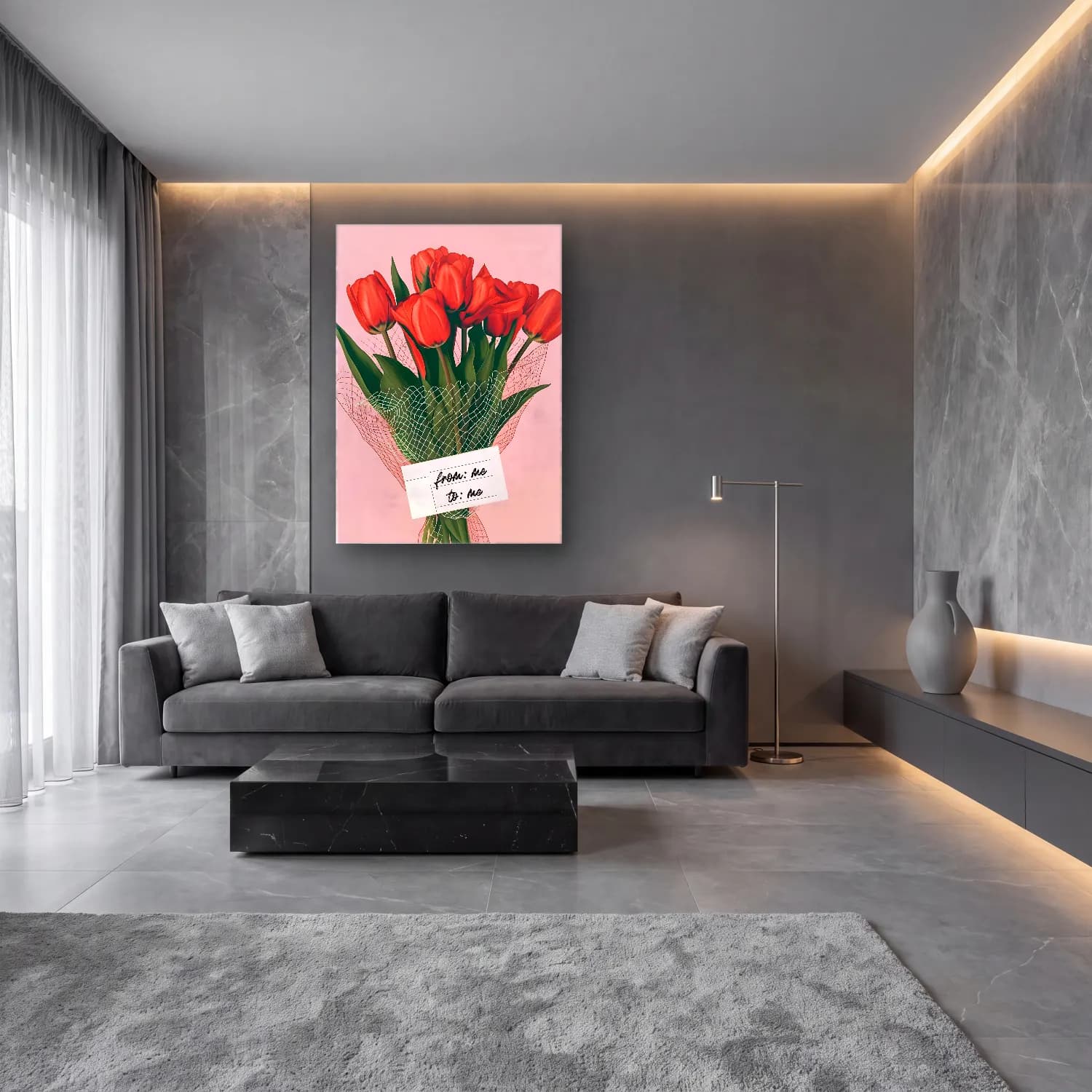 Pastel Laleler – Kırmızı Tonlar cam tablo — lüks salon duvarında