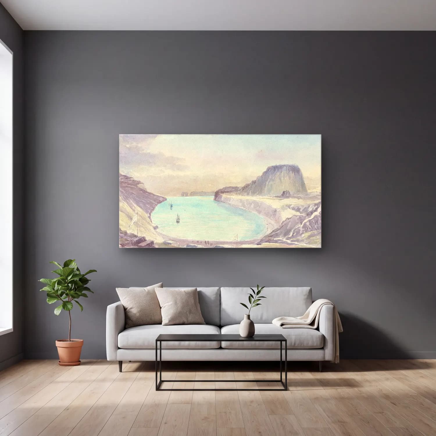 Charles Hamilton Smith – Christmas Harbour, Kerguelen’s Land cam tablo — gri duvarlı salonda