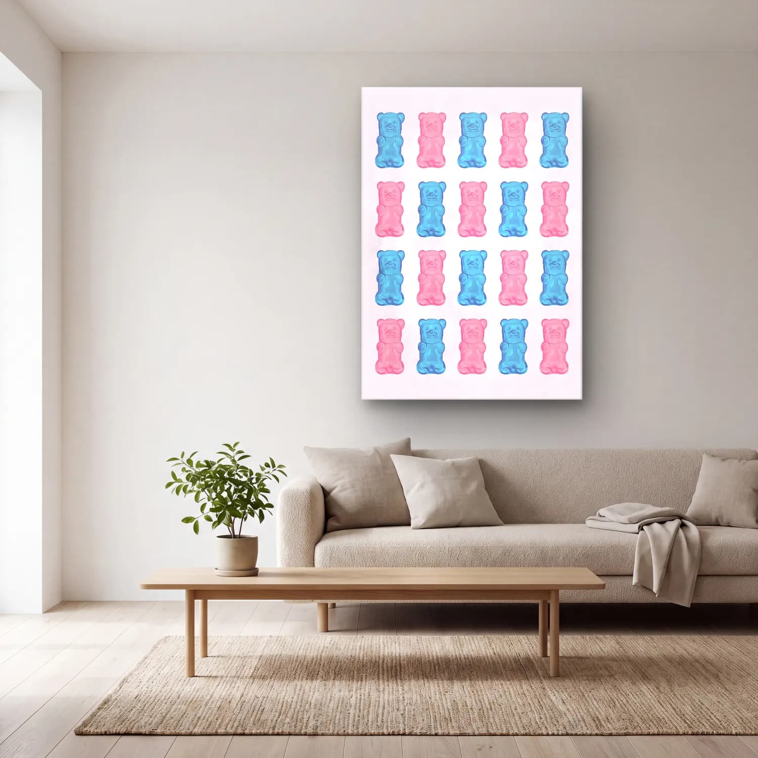 Pastel Oyuncak Ayı No. 4 cam tablo — açık renk salonda