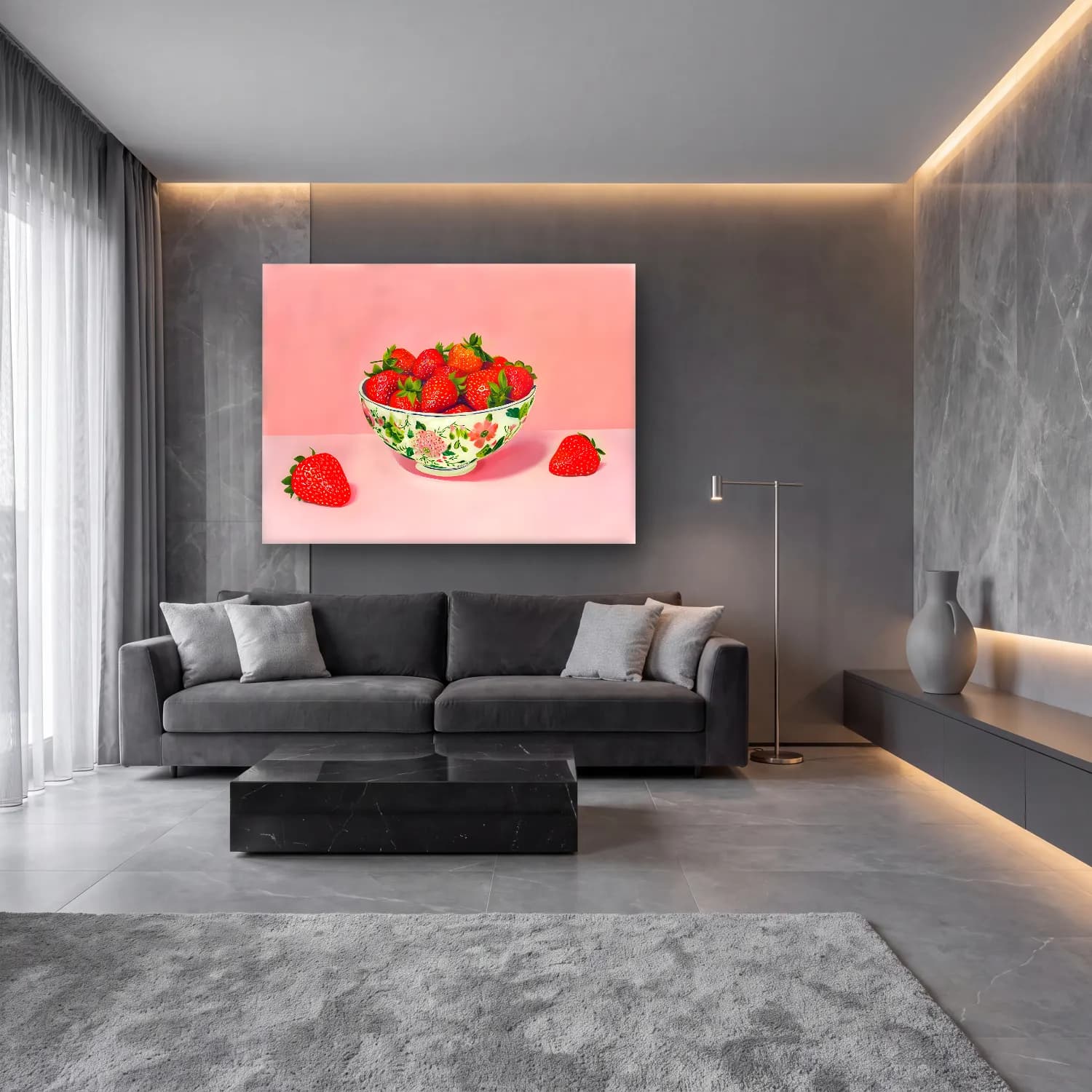 Pastel Çilekler No. 4 cam tablo — lüks salon duvarında