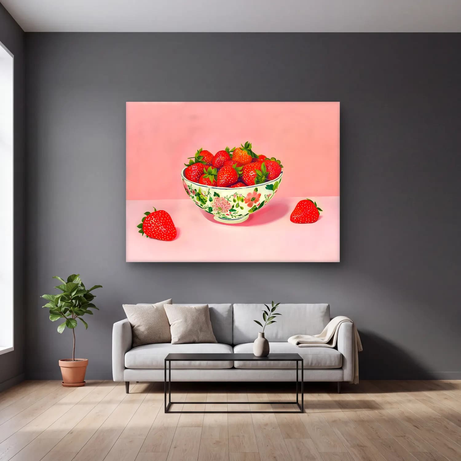 Pastel Çilekler No. 4 cam tablo — gri duvarlı salonda