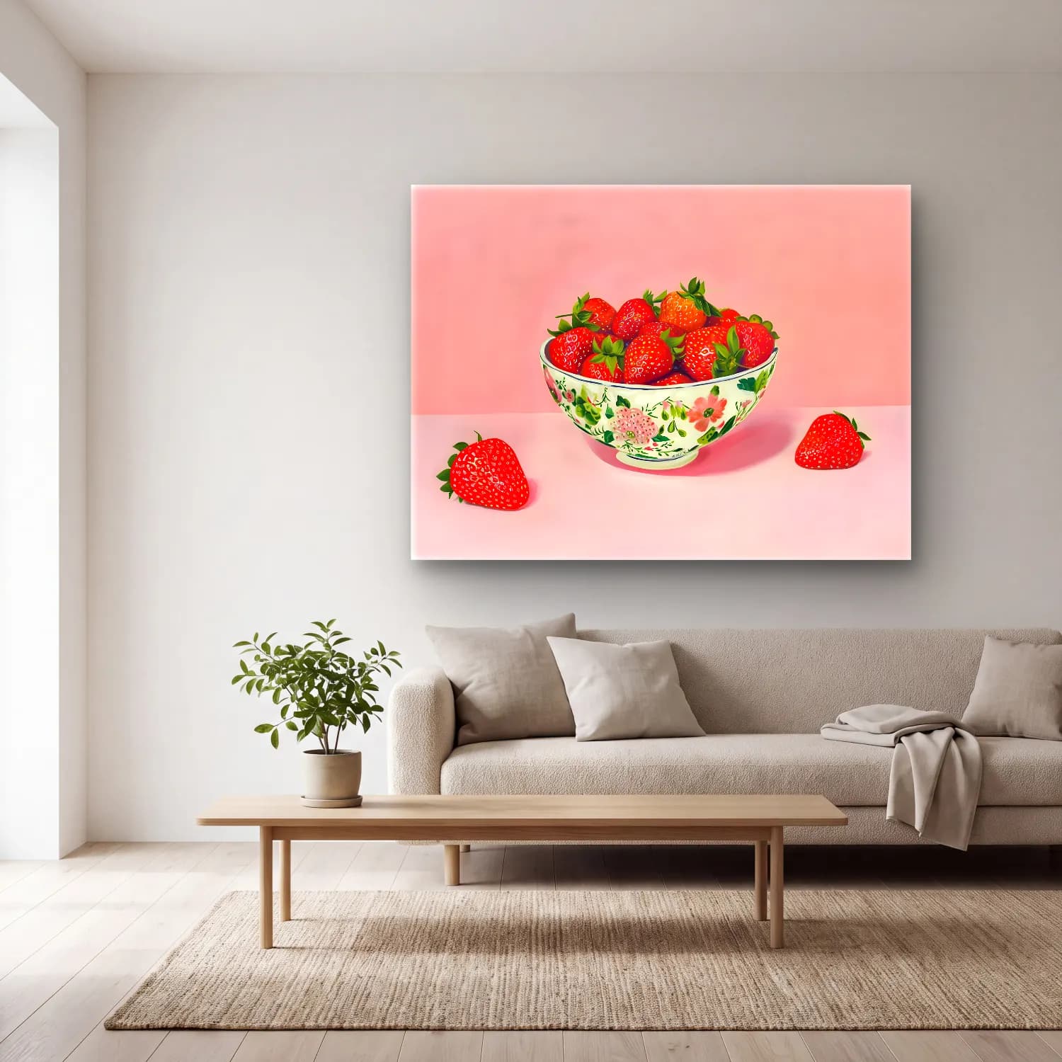 Pastel Çilekler No. 4 cam tablo — açık renk salonda