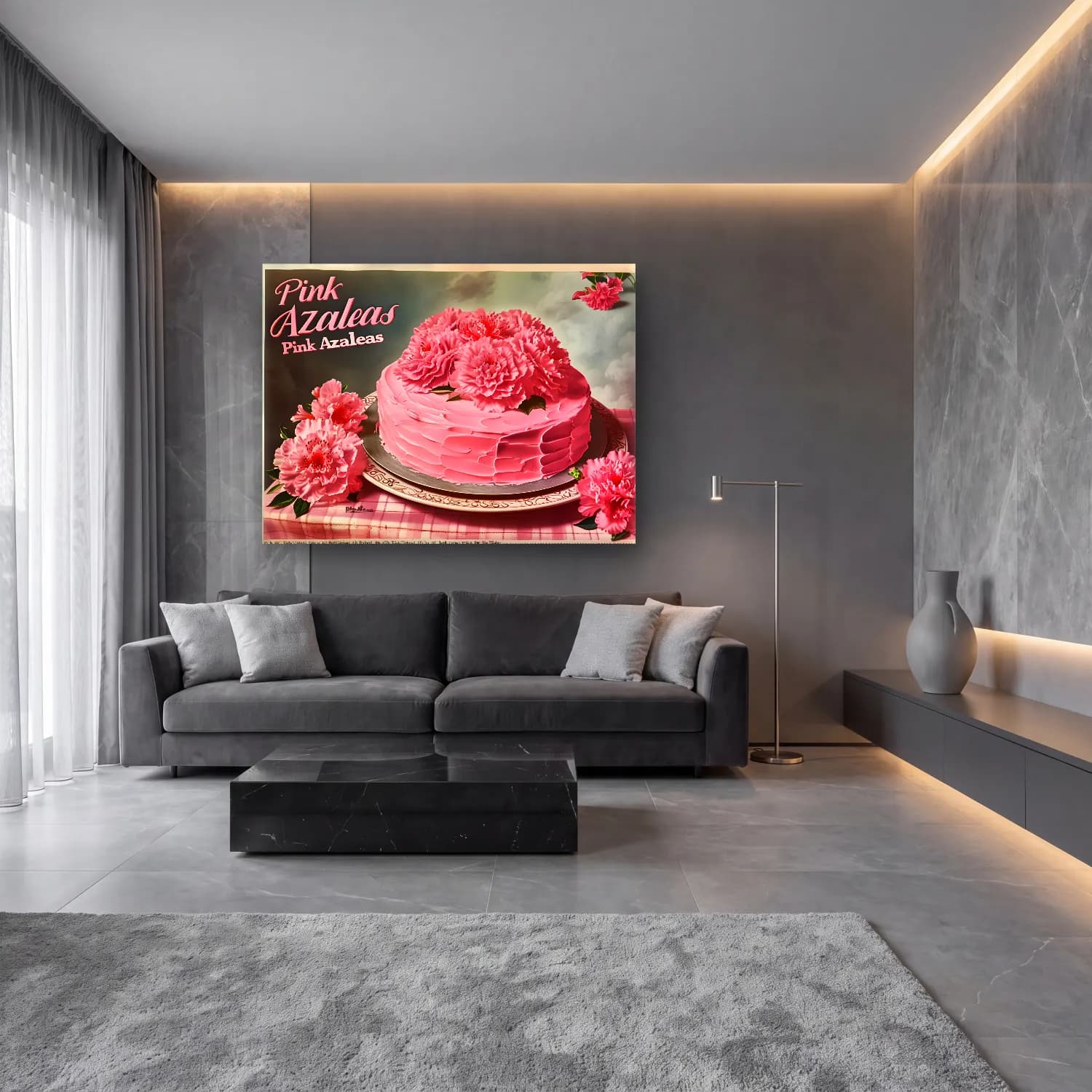 Vintage Poster Pembe Şakayıklar cam tablo — lüks salon duvarında