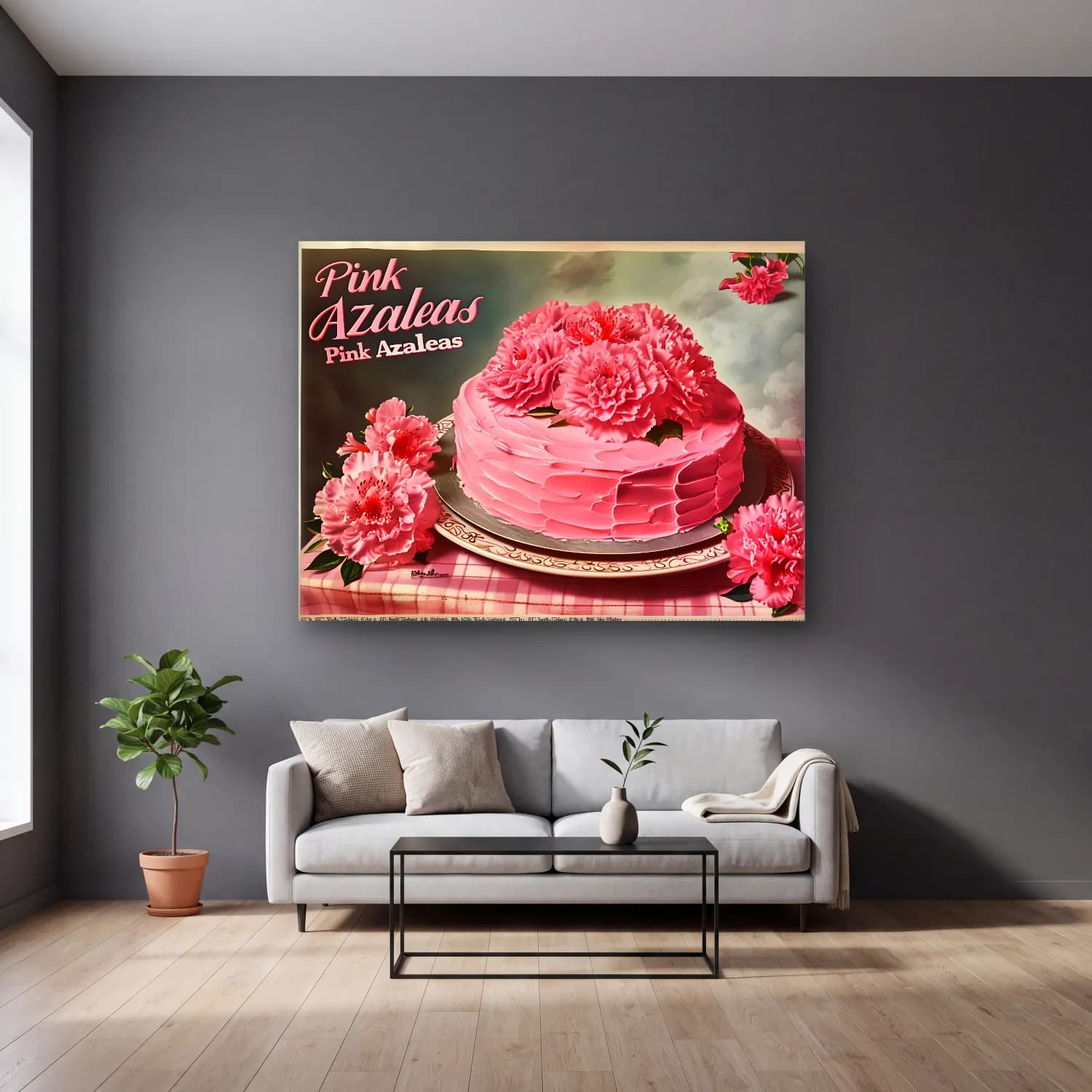 Vintage Poster Pembe Şakayıklar cam tablo — gri duvarlı salonda