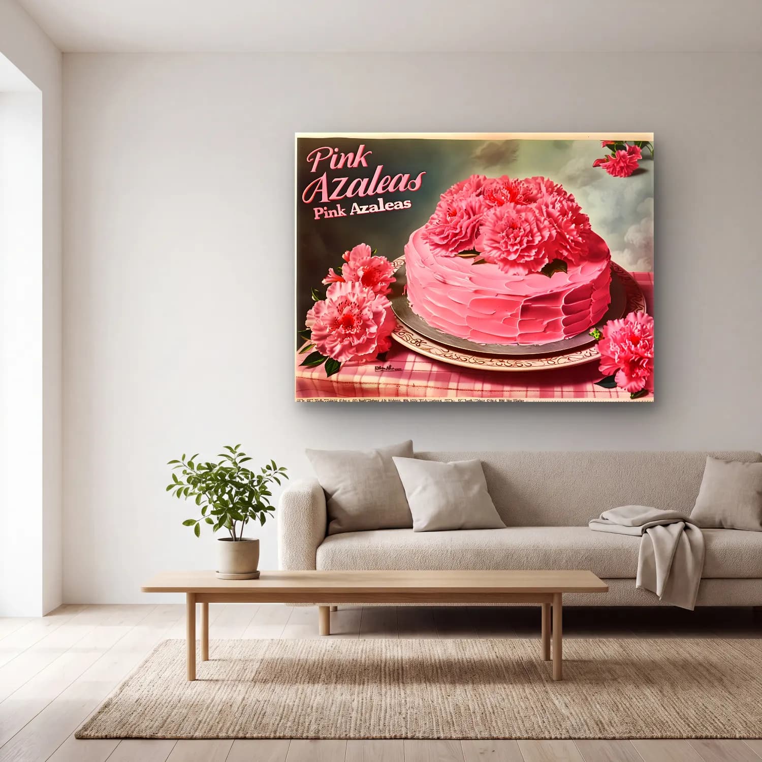 Vintage Poster Pembe Şakayıklar cam tablo — açık renk salonda