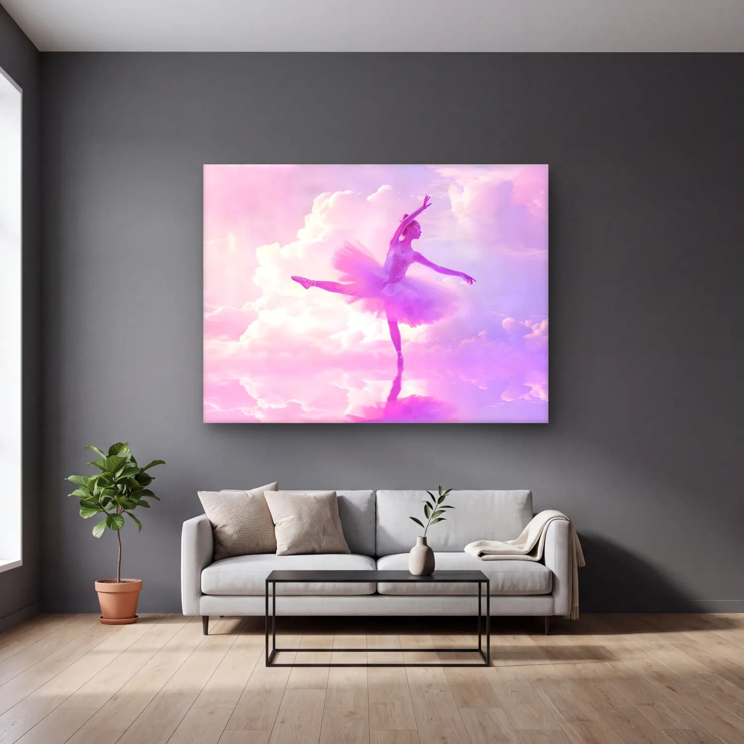 Pastel Balerin – Pembe Tonlar cam tablo — gri duvarlı salonda