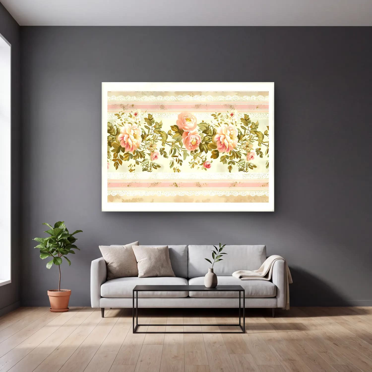 Pastel Çiçek Deseni No. 48 cam tablo — gri duvarlı salonda