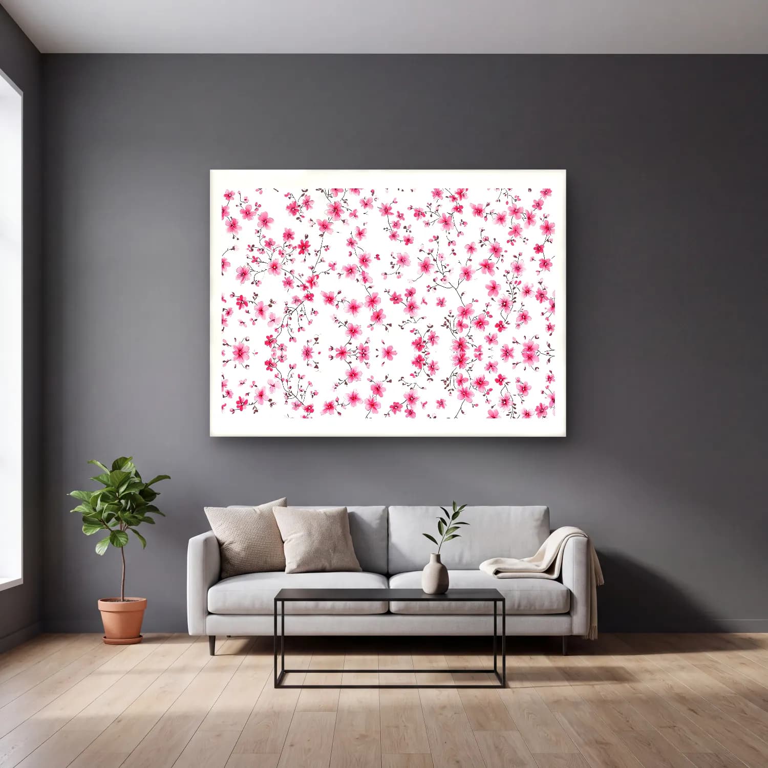 Pastel Çiçek Deseni No. 49 cam tablo — gri duvarlı salonda