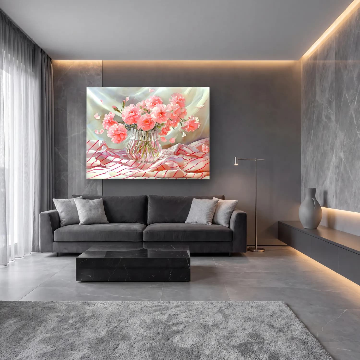 Pastel Vazoda Çiçek Buketi No. 3 cam tablo — lüks salon duvarında