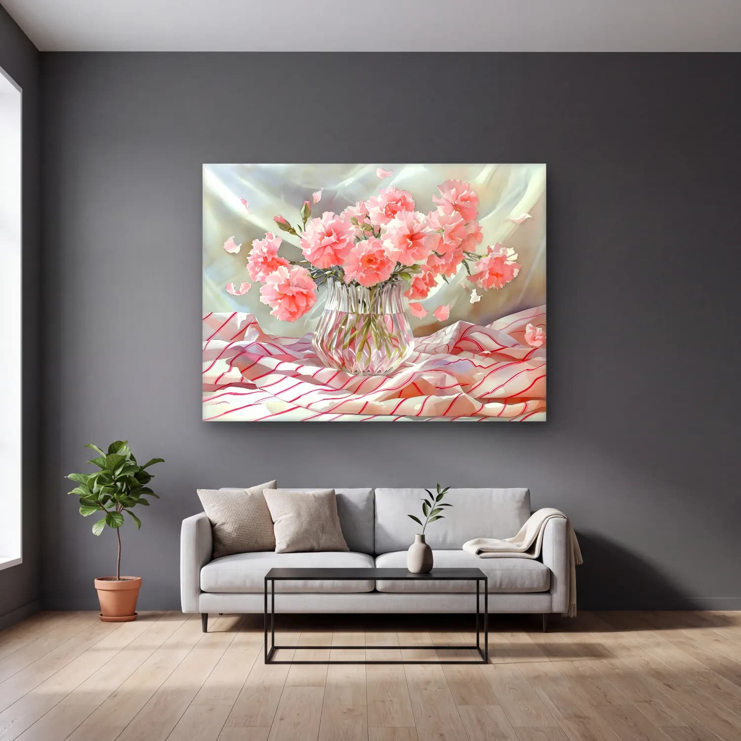 Pastel Vazoda Çiçek Buketi No. 3 cam tablo — gri duvarlı salonda
