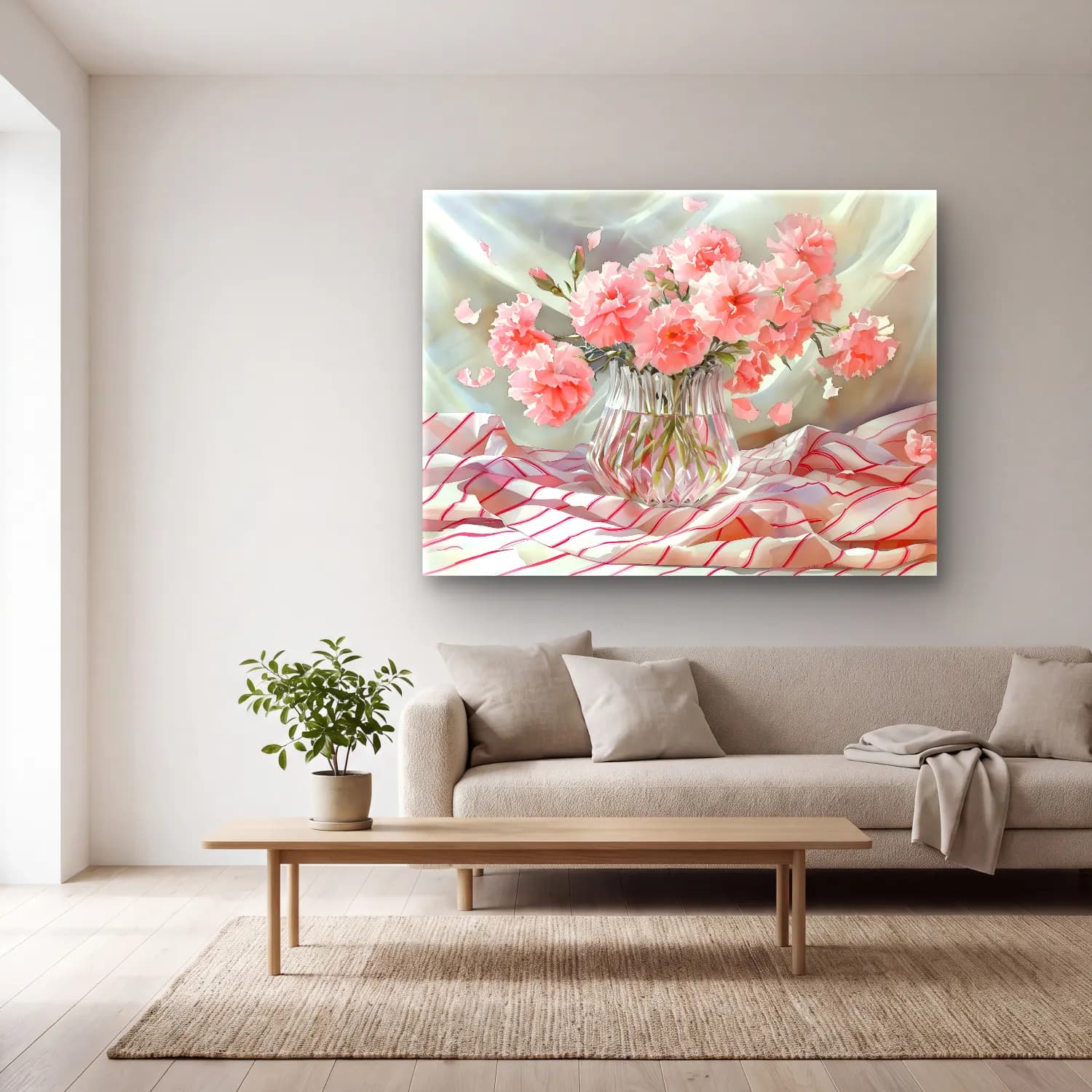 Pastel Vazoda Çiçek Buketi No. 3 cam tablo — açık renk salonda