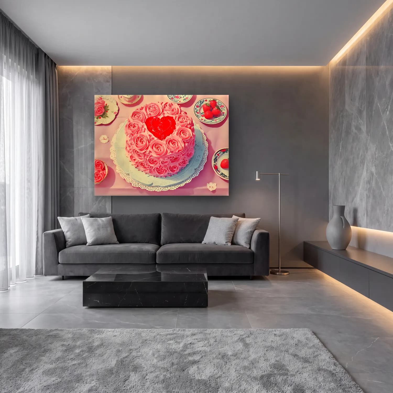 Pastel Tatlılar No. 9 cam tablo — lüks salon duvarında
