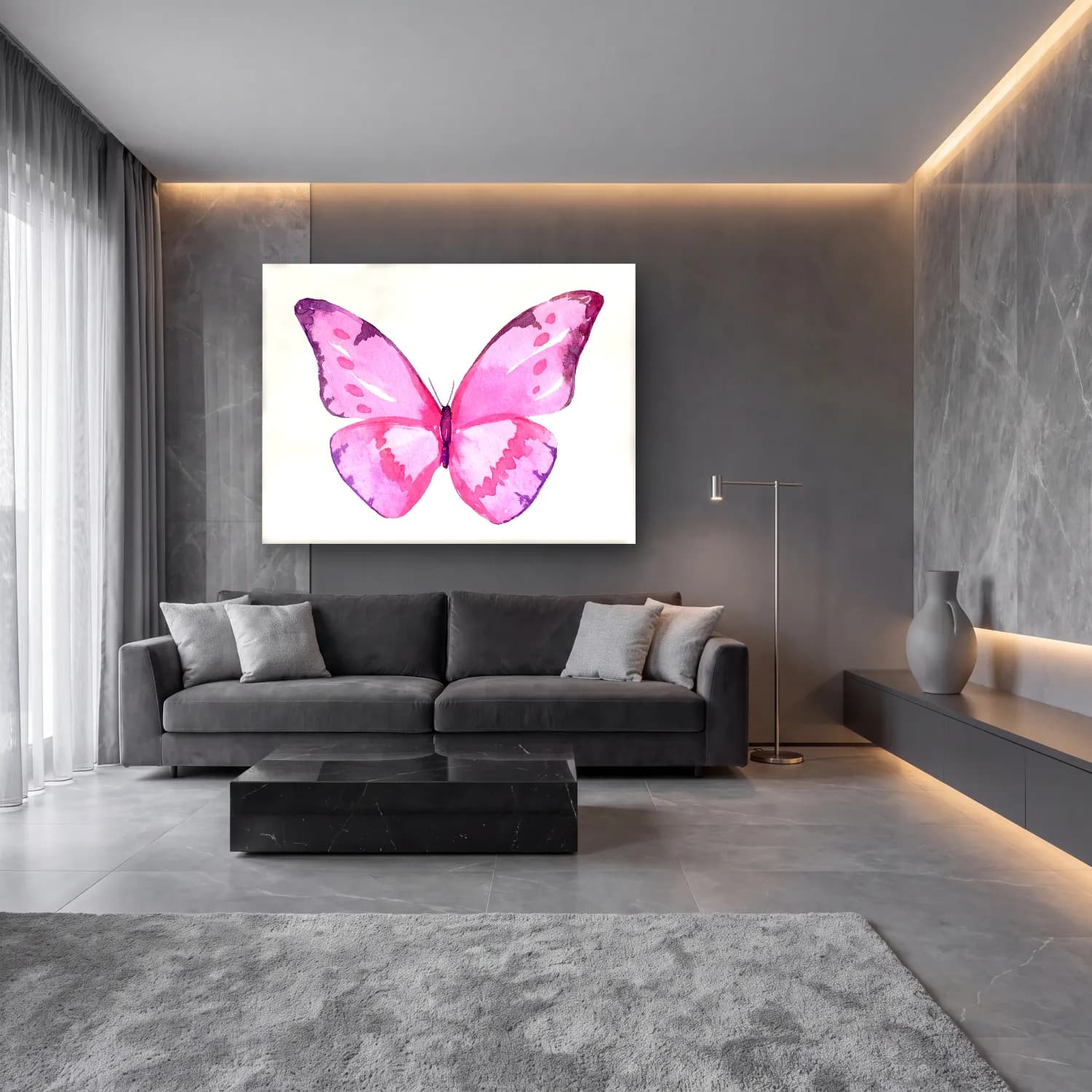 Suluboya Kelebek – Pembe Tonlar cam tablo — lüks salon duvarında