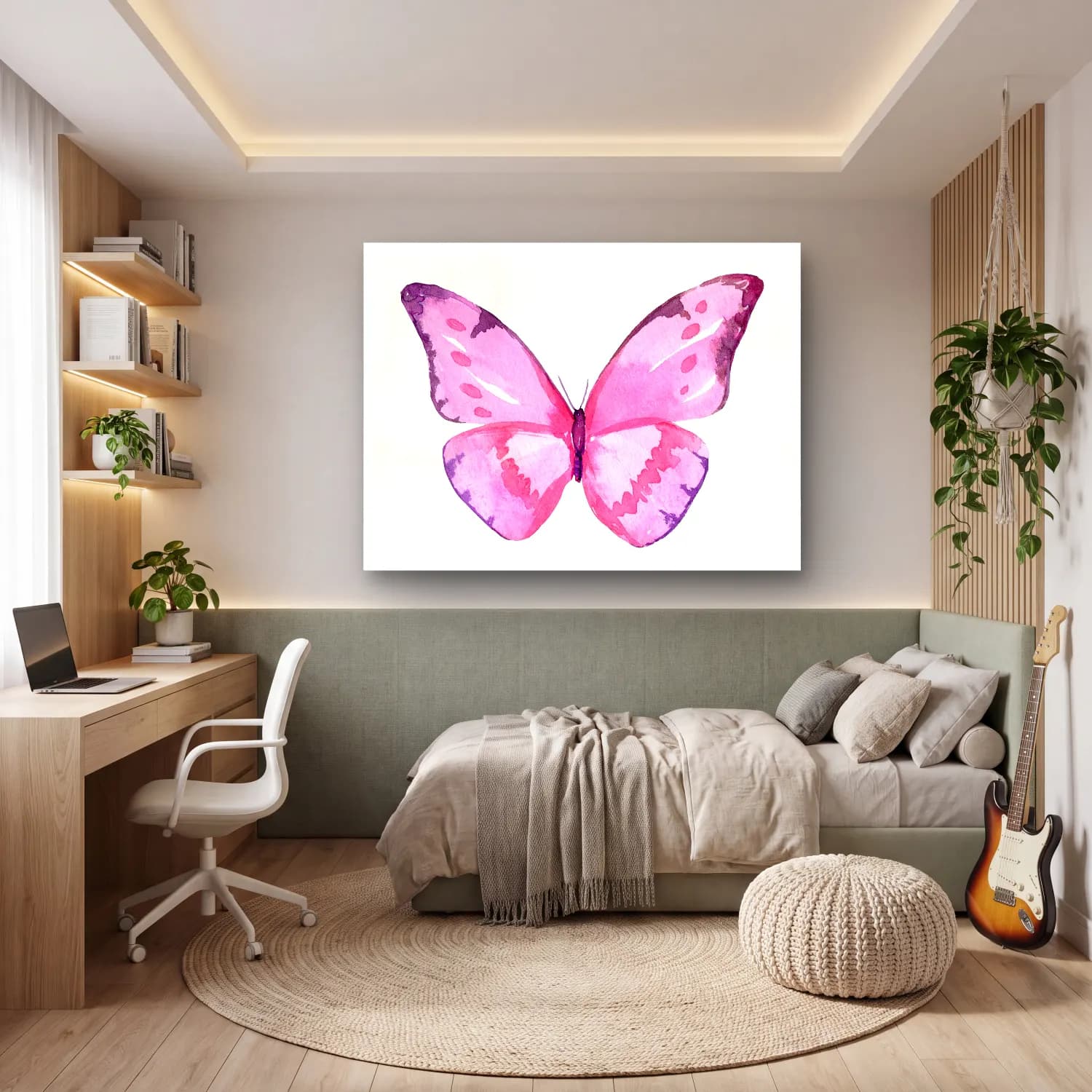 Suluboya Kelebek – Pembe Tonlar cam tablo — genç odasında