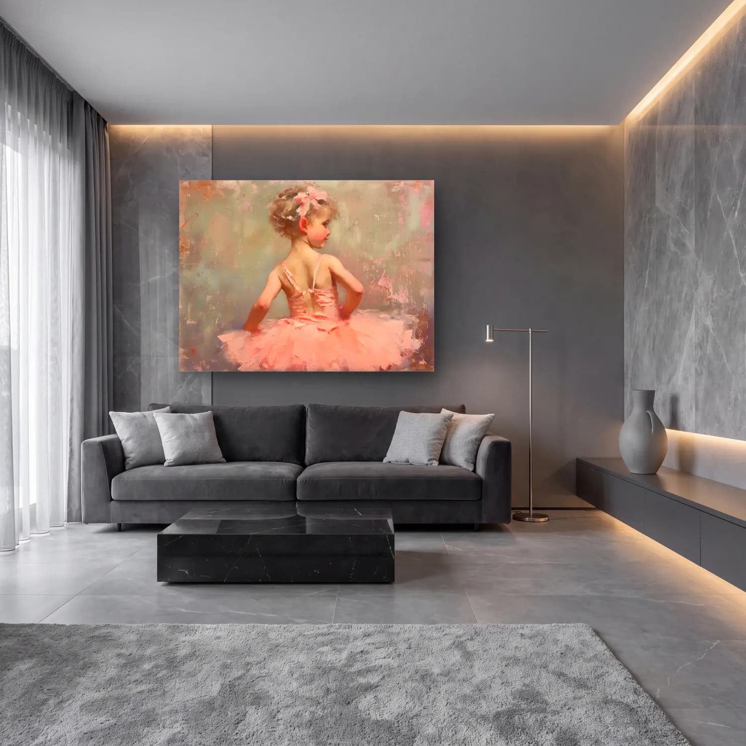 Yağlı Boya Balerin – Pembe Tonlar cam tablo — lüks salon duvarında