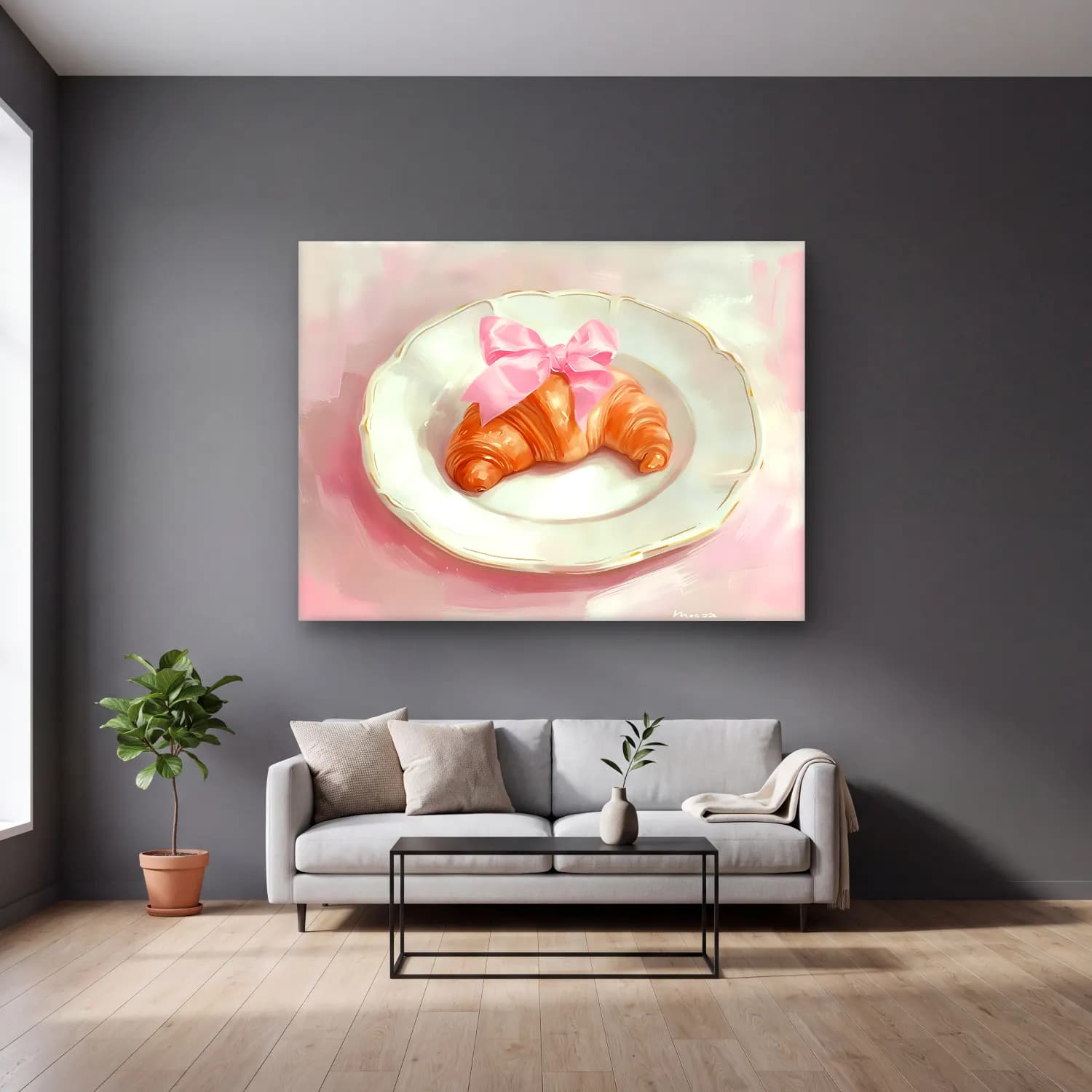 Pastel Fiyonk No. 20 cam tablo — gri duvarlı salonda
