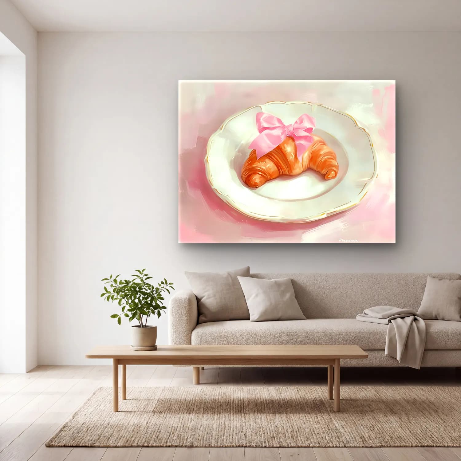 Pastel Fiyonk No. 20 cam tablo — açık renk salonda