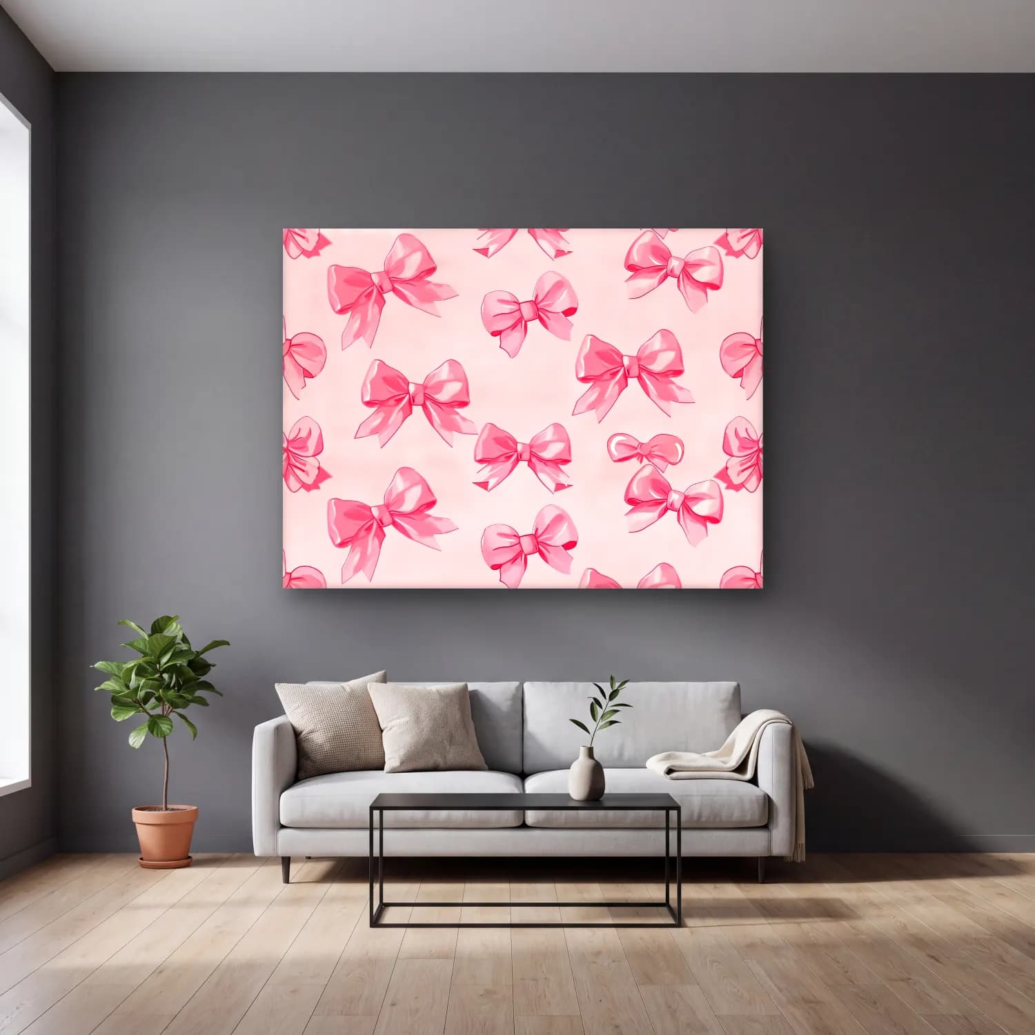 Pastel Fiyonk No. 21 cam tablo — gri duvarlı salonda