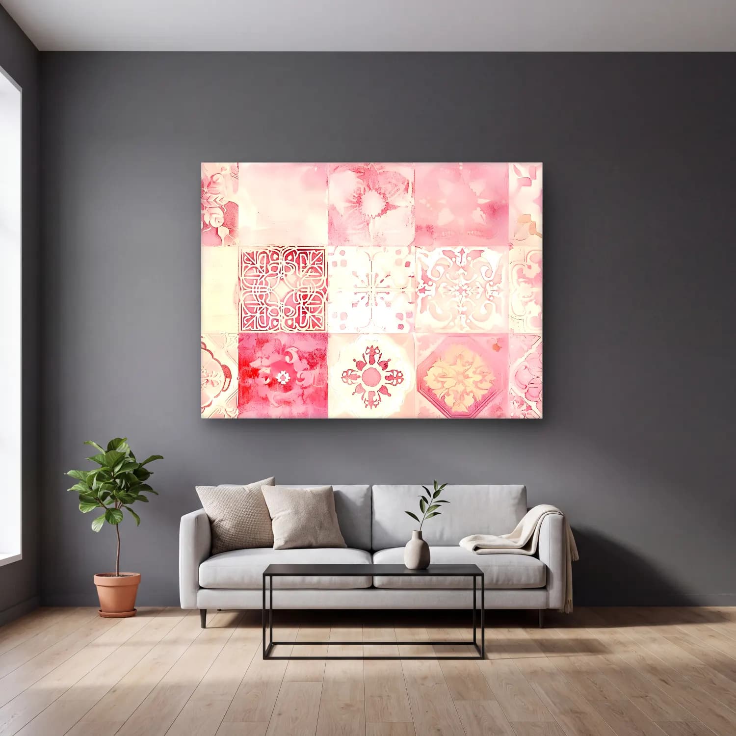 Pastel Çiçek Deseni No. 50 cam tablo — gri duvarlı salonda
