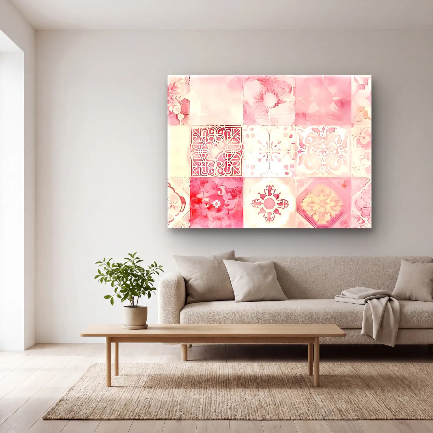 Pastel Çiçek Deseni No. 50 cam tablo — açık renk salonda