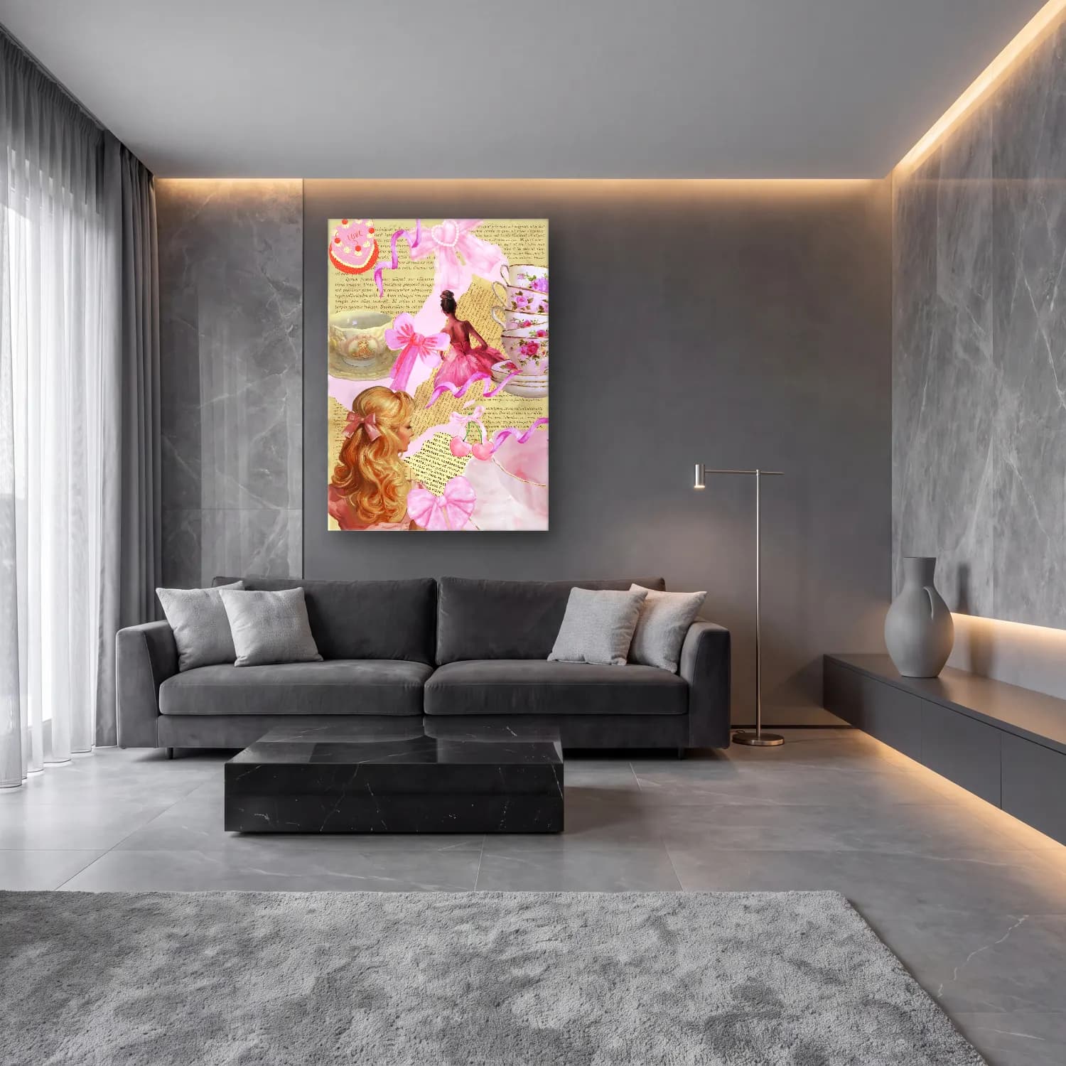 Pastel Çay Fincanı No. 2 cam tablo — lüks salon duvarında