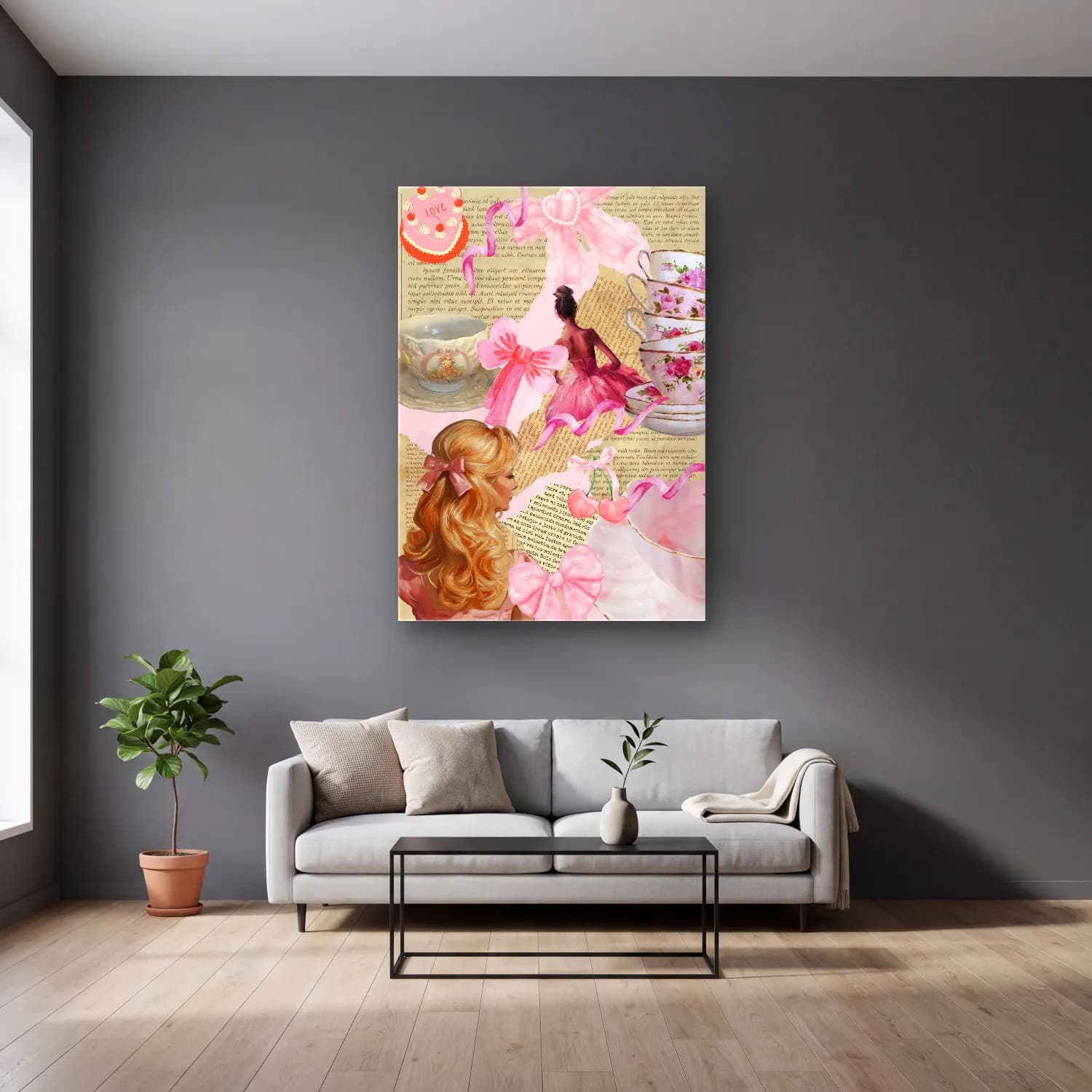 Pastel Çay Fincanı No. 2 cam tablo — gri duvarlı salonda