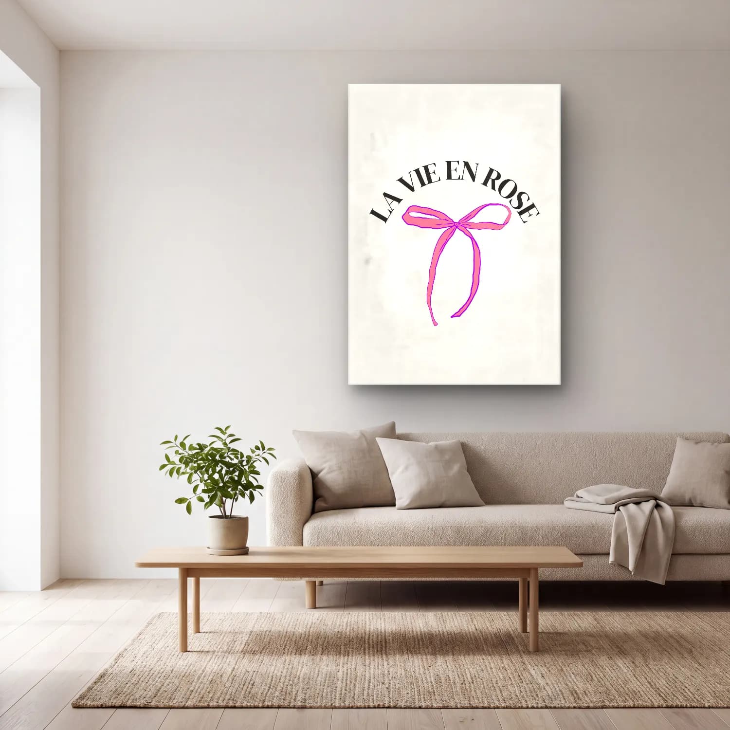 Pastel Fiyonk No. 22 cam tablo — açık renk salonda