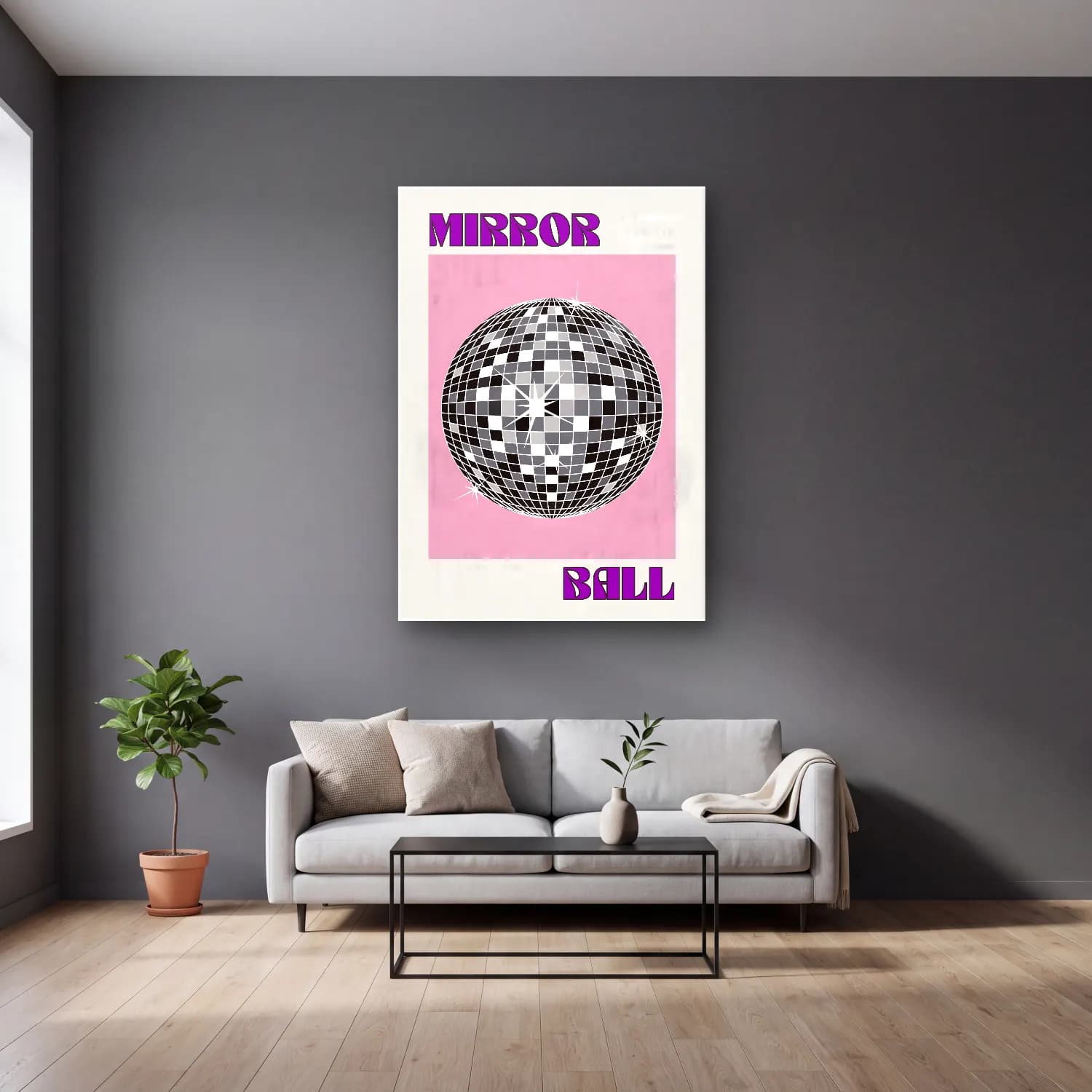 Retro Dama Deseni No. 11 cam tablo — gri duvarlı salonda