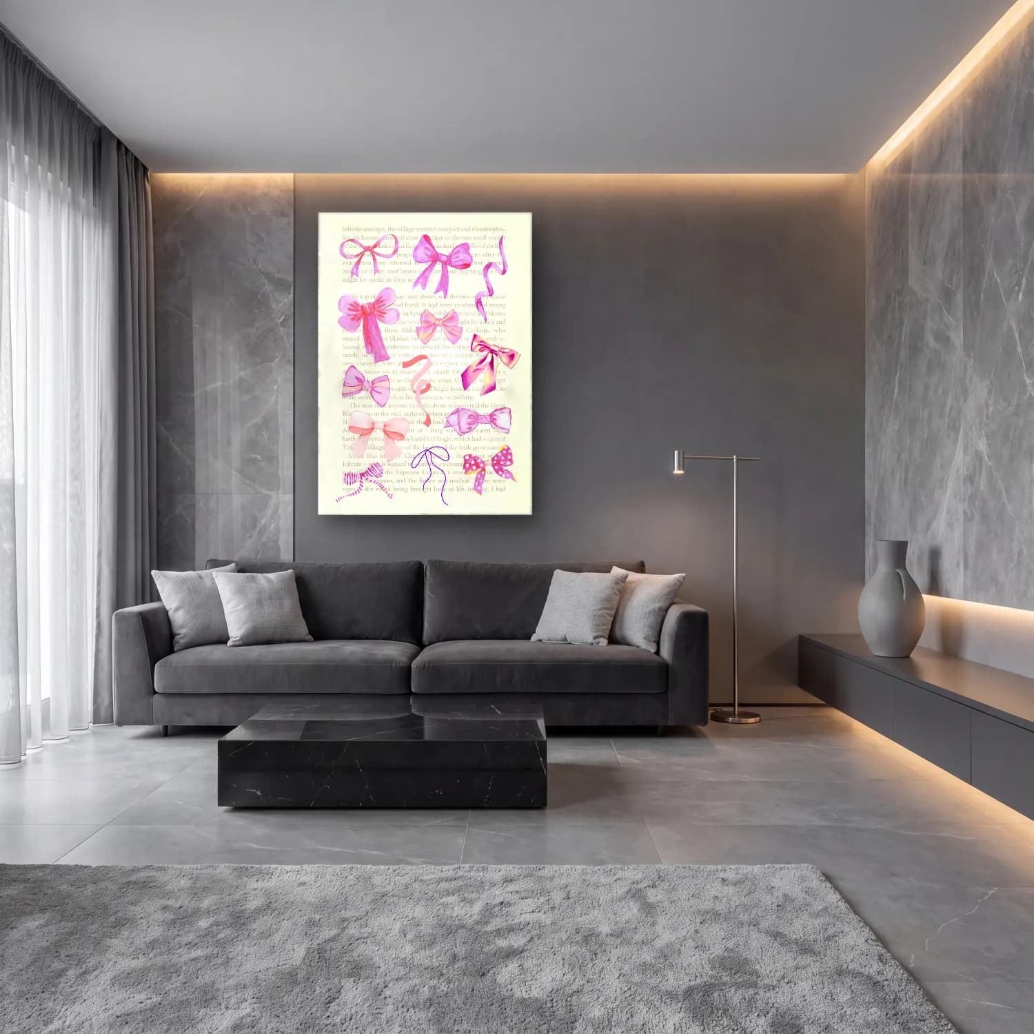 Pastel Fiyonk No. 23 cam tablo — lüks salon duvarında
