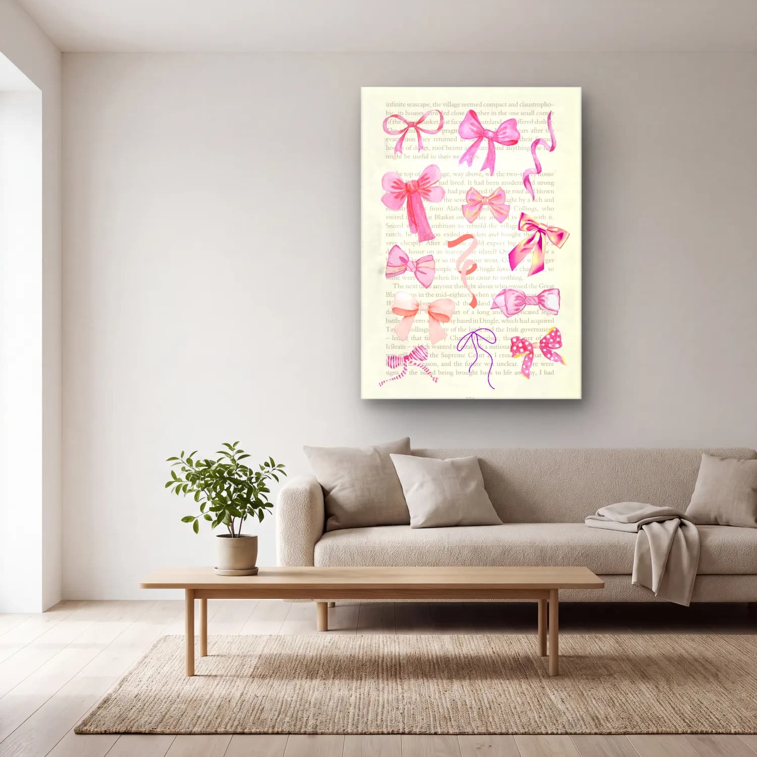 Pastel Fiyonk No. 23 cam tablo — açık renk salonda