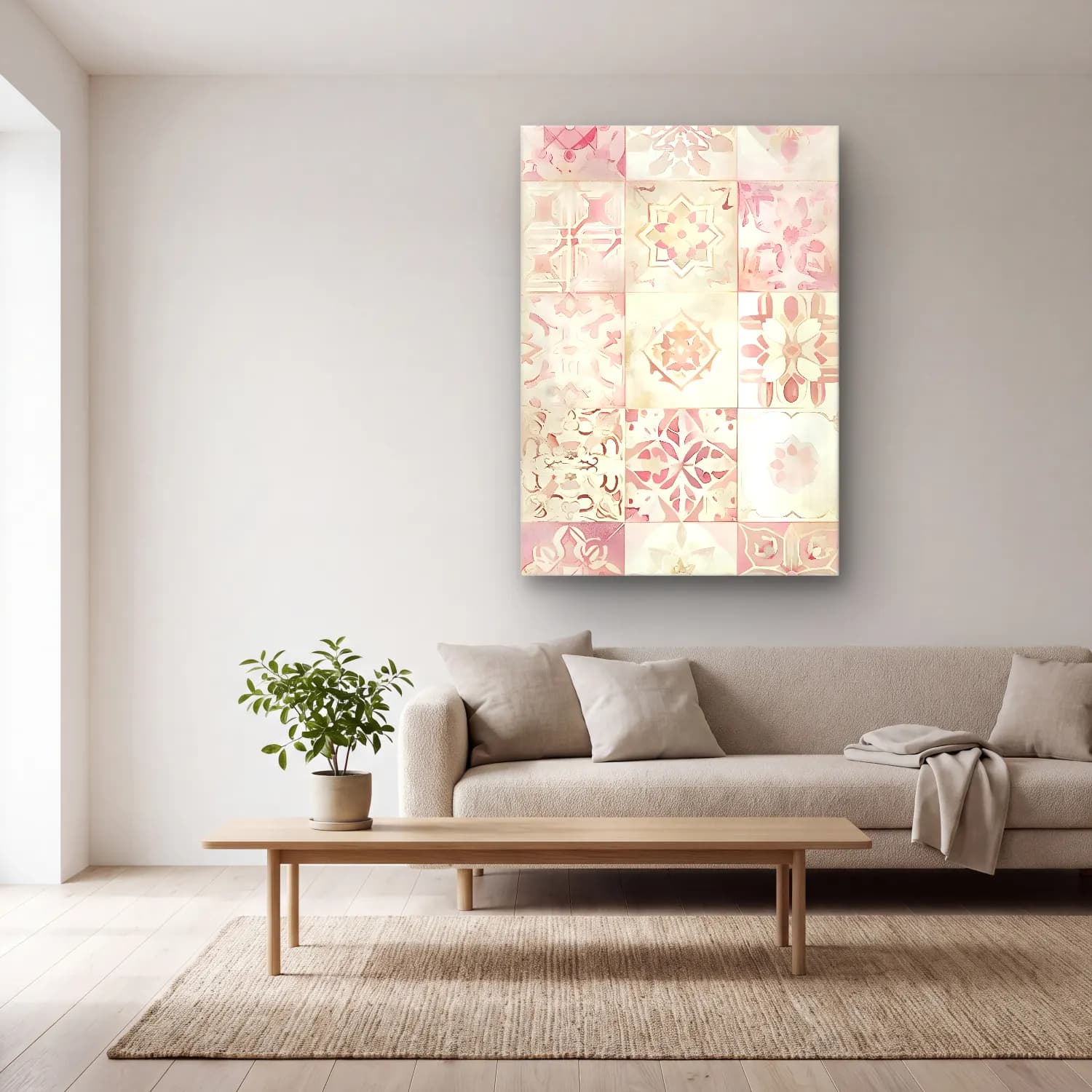 Pastel Çiçek Deseni No. 52 cam tablo — açık renk salonda