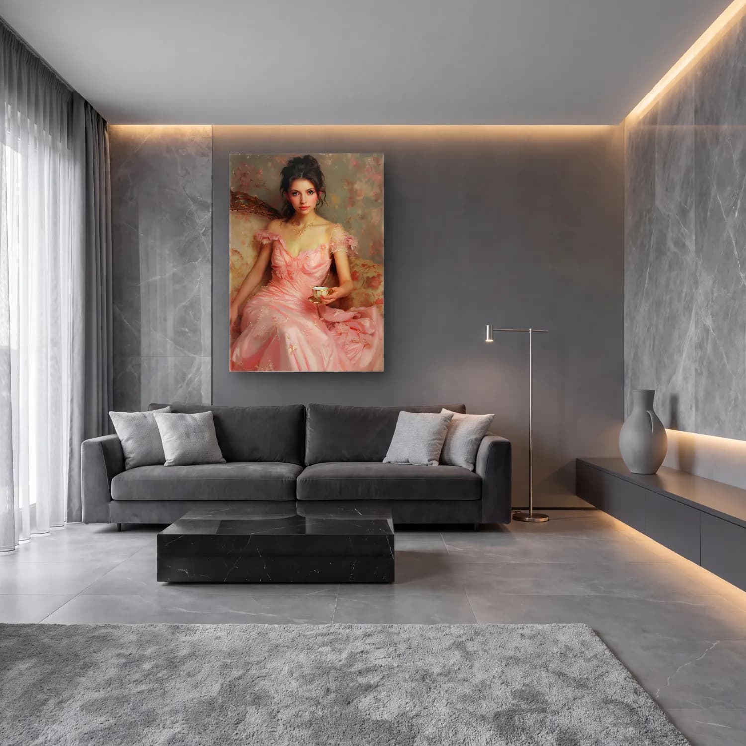 Pastel Çay Fincanı No. 3 cam tablo — lüks salon duvarında