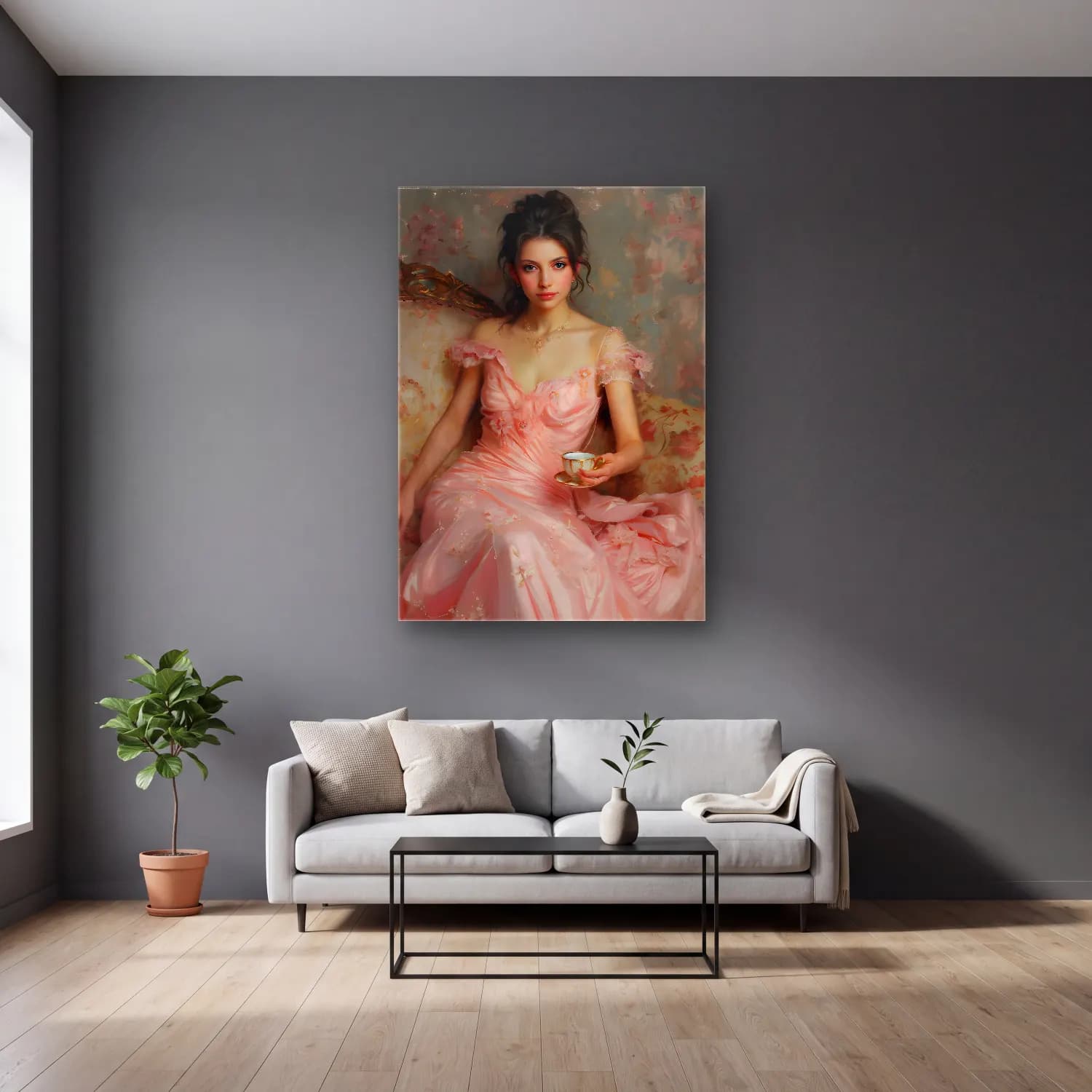Pastel Çay Fincanı No. 3 cam tablo — gri duvarlı salonda