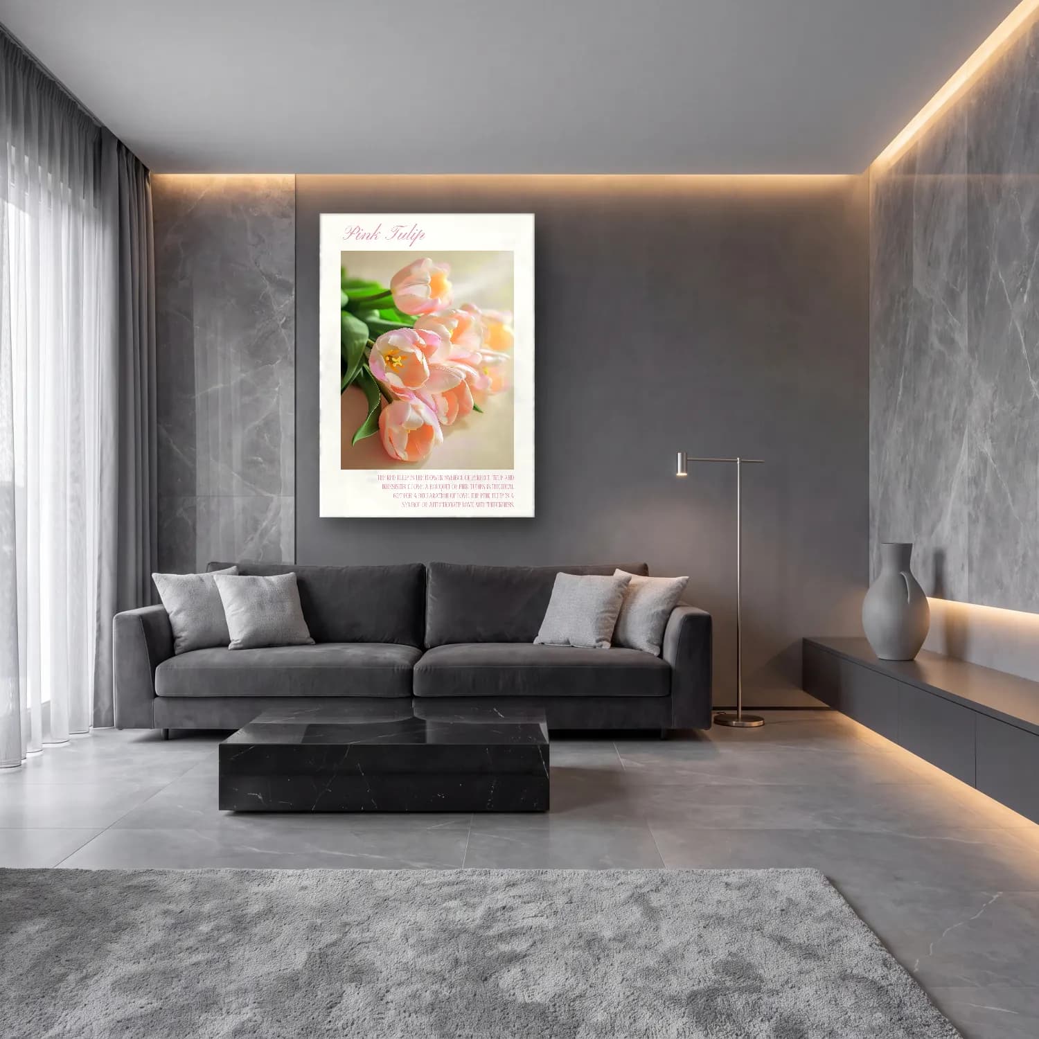 Pastel Laleler No. 6 cam tablo — lüks salon duvarında