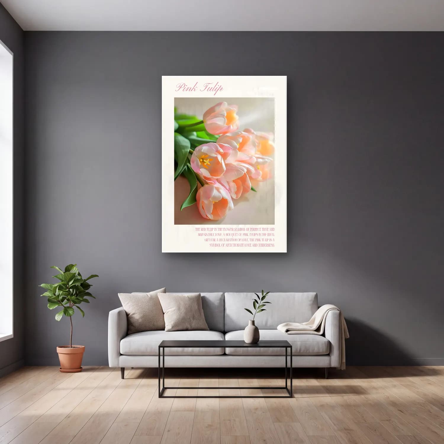Pastel Laleler No. 6 cam tablo — gri duvarlı salonda