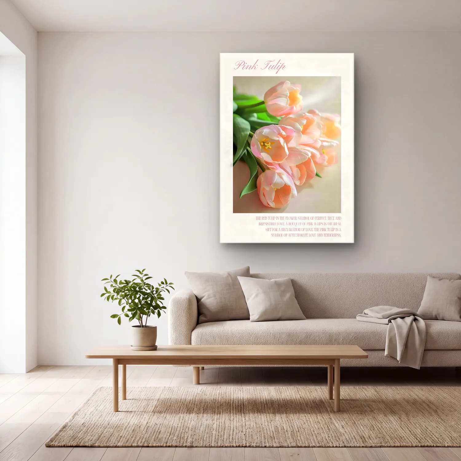 Pastel Laleler No. 6 cam tablo — açık renk salonda
