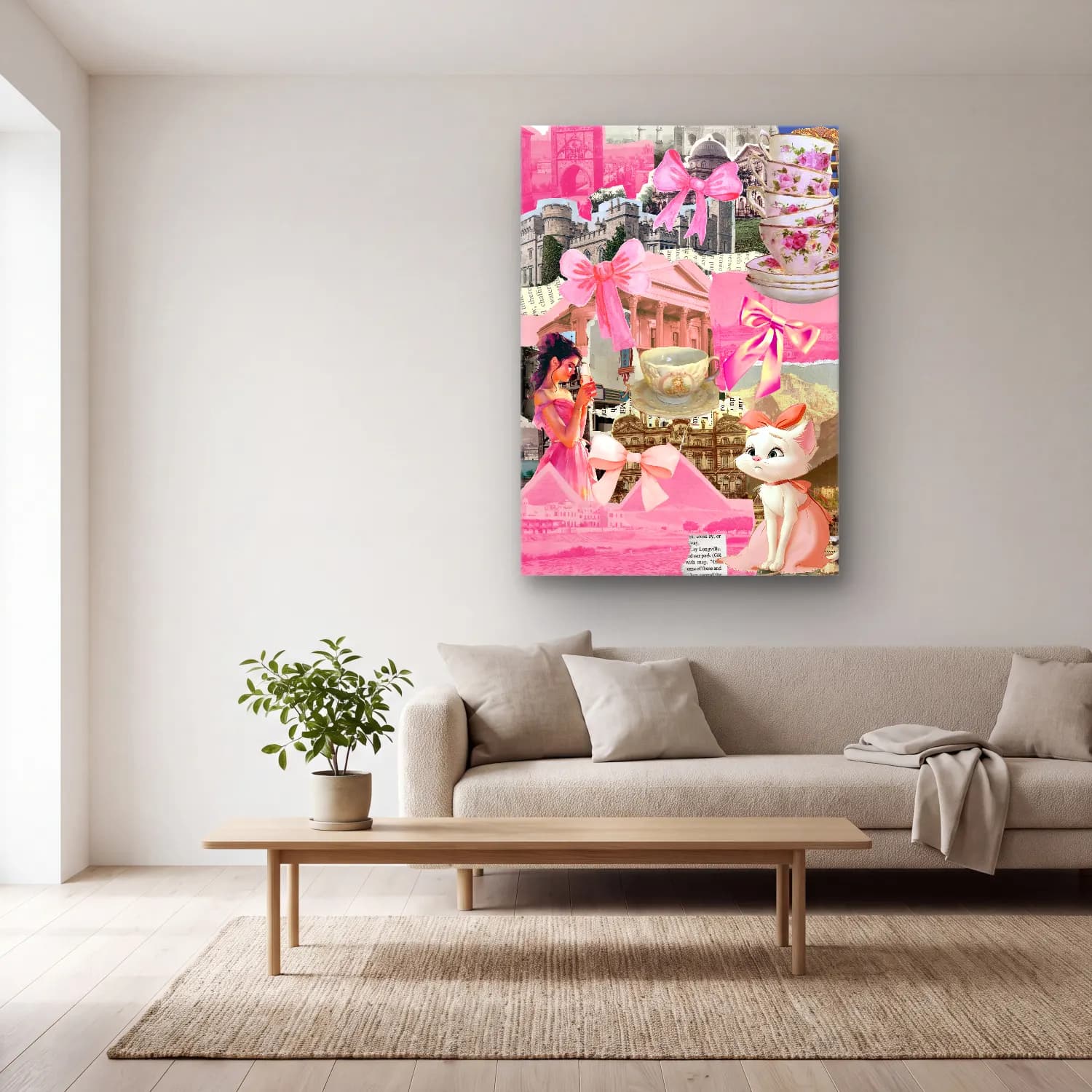 Pastel Fiyonk No. 25 cam tablo — açık renk salonda