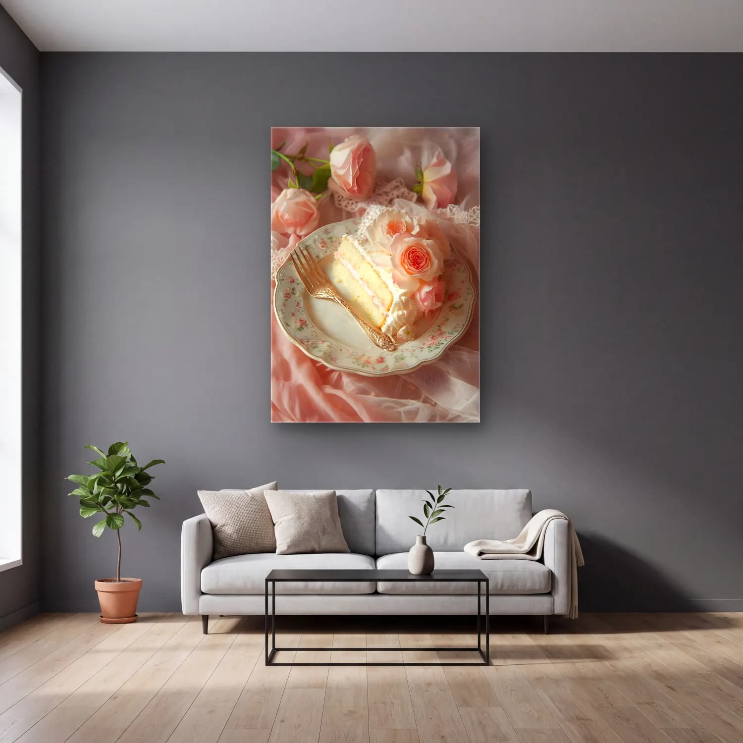 Pastel Tatlılar No. 8 cam tablo — gri duvarlı salonda