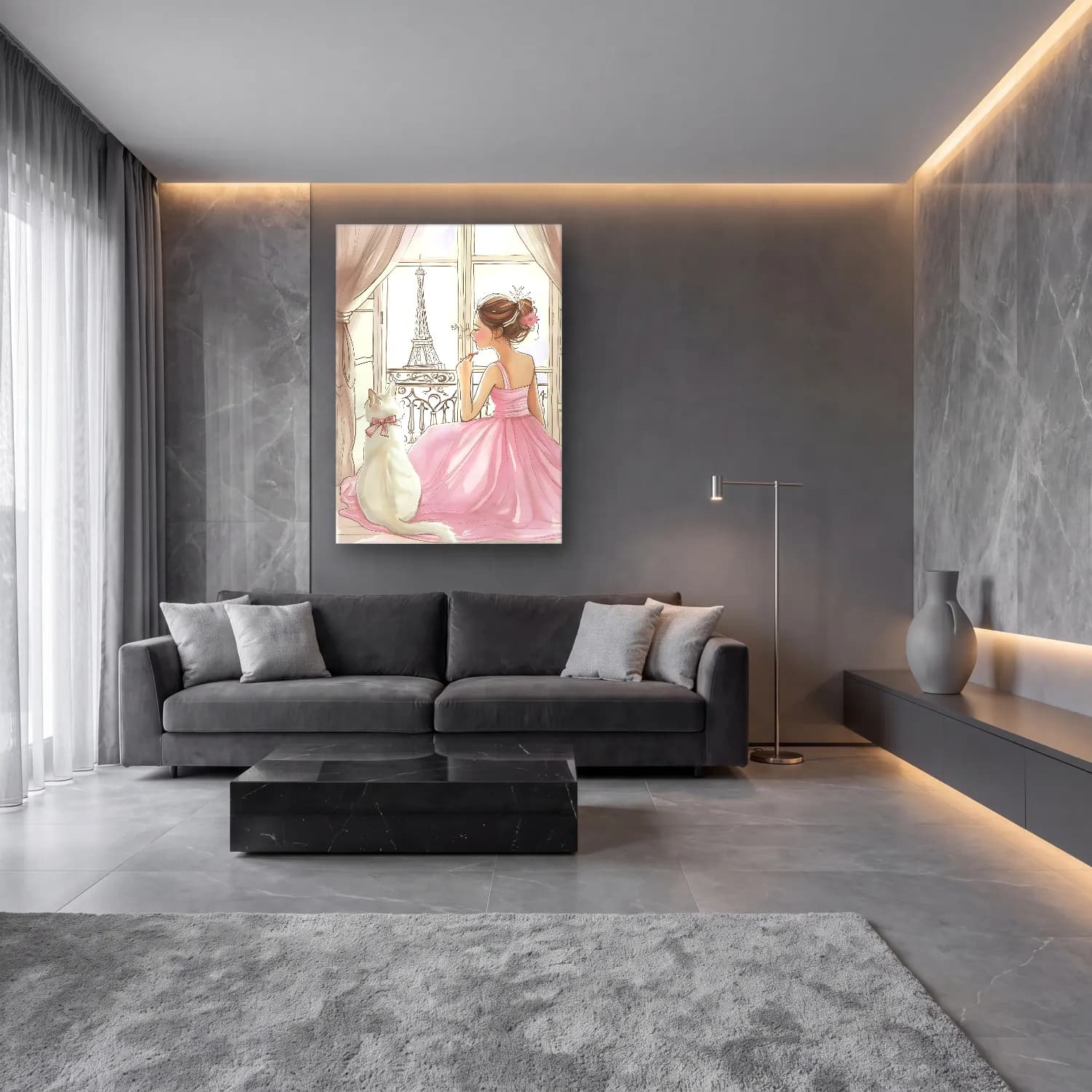 Sevimli İllüstrasyon Paris ve Eyfel Kulesi cam tablo — lüks salon duvarında