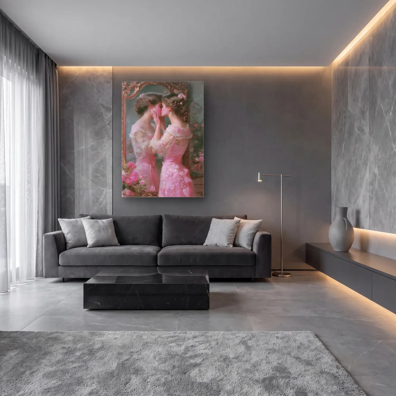 Pastel Aşıklar No. 18 cam tablo — lüks salon duvarında