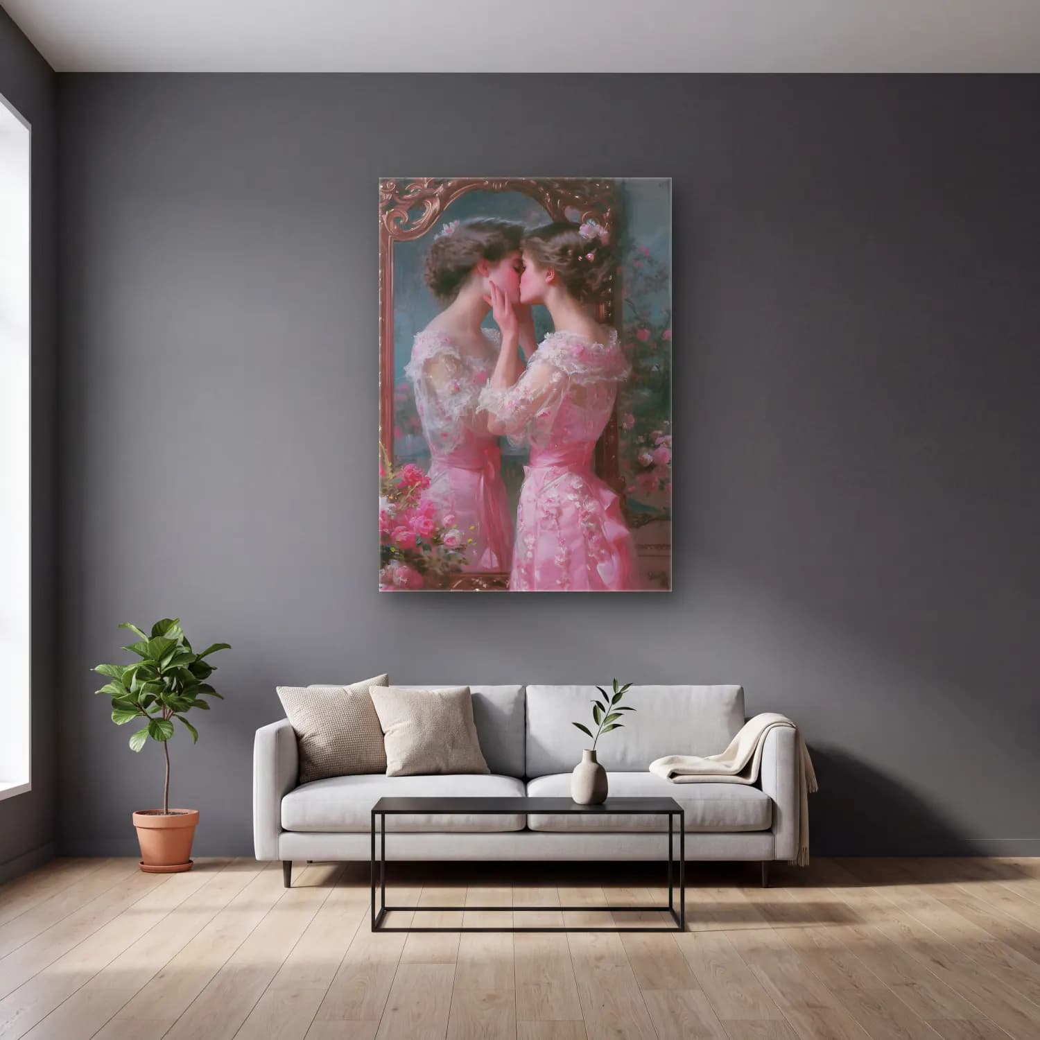 Pastel Aşıklar No. 18 cam tablo — gri duvarlı salonda
